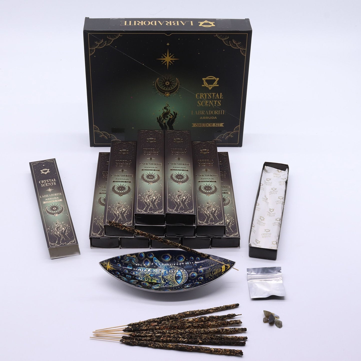 Arruda Smudge Incense with Labradorite – Herbal Cleansing Ritual Set