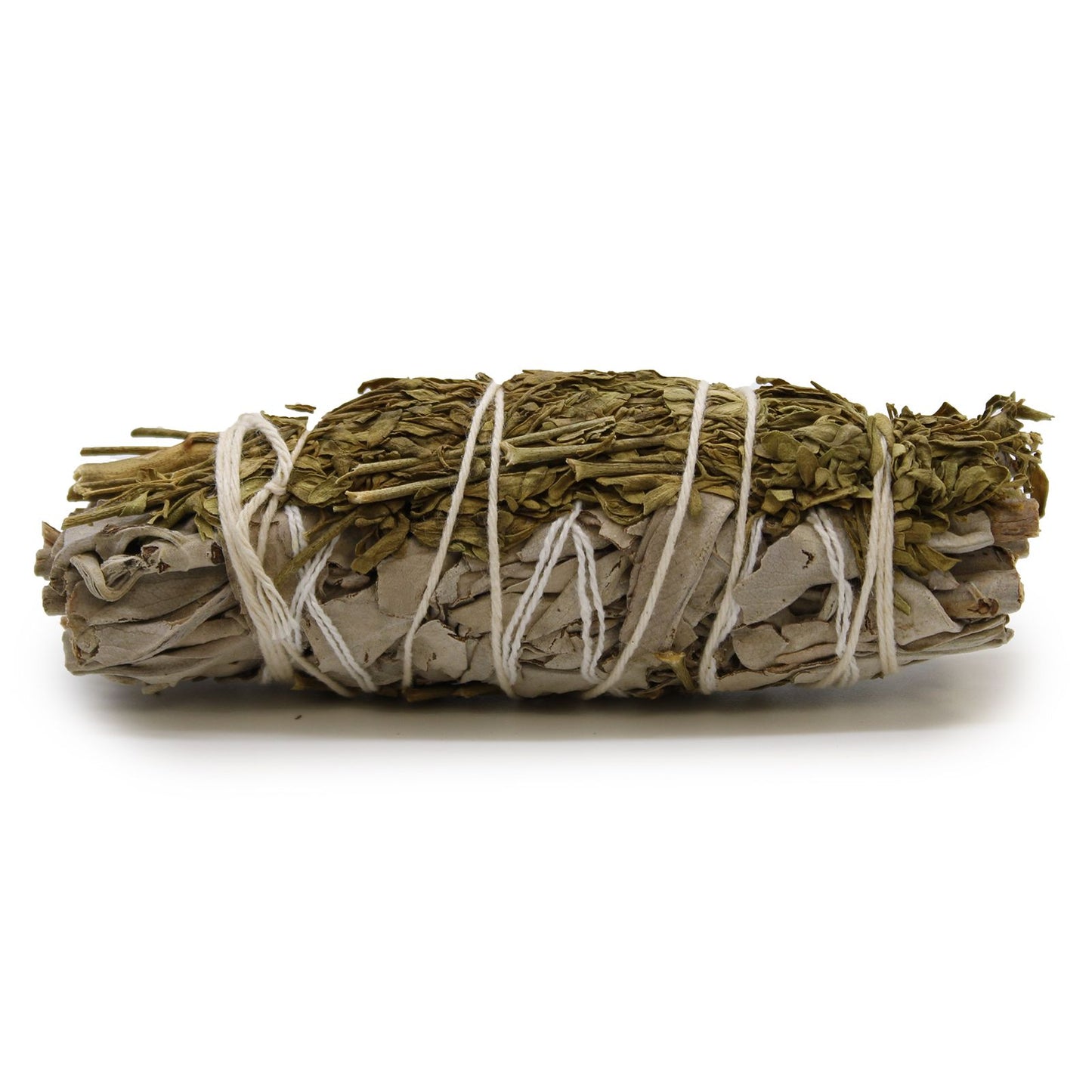 Bundled sage with white string on a white background