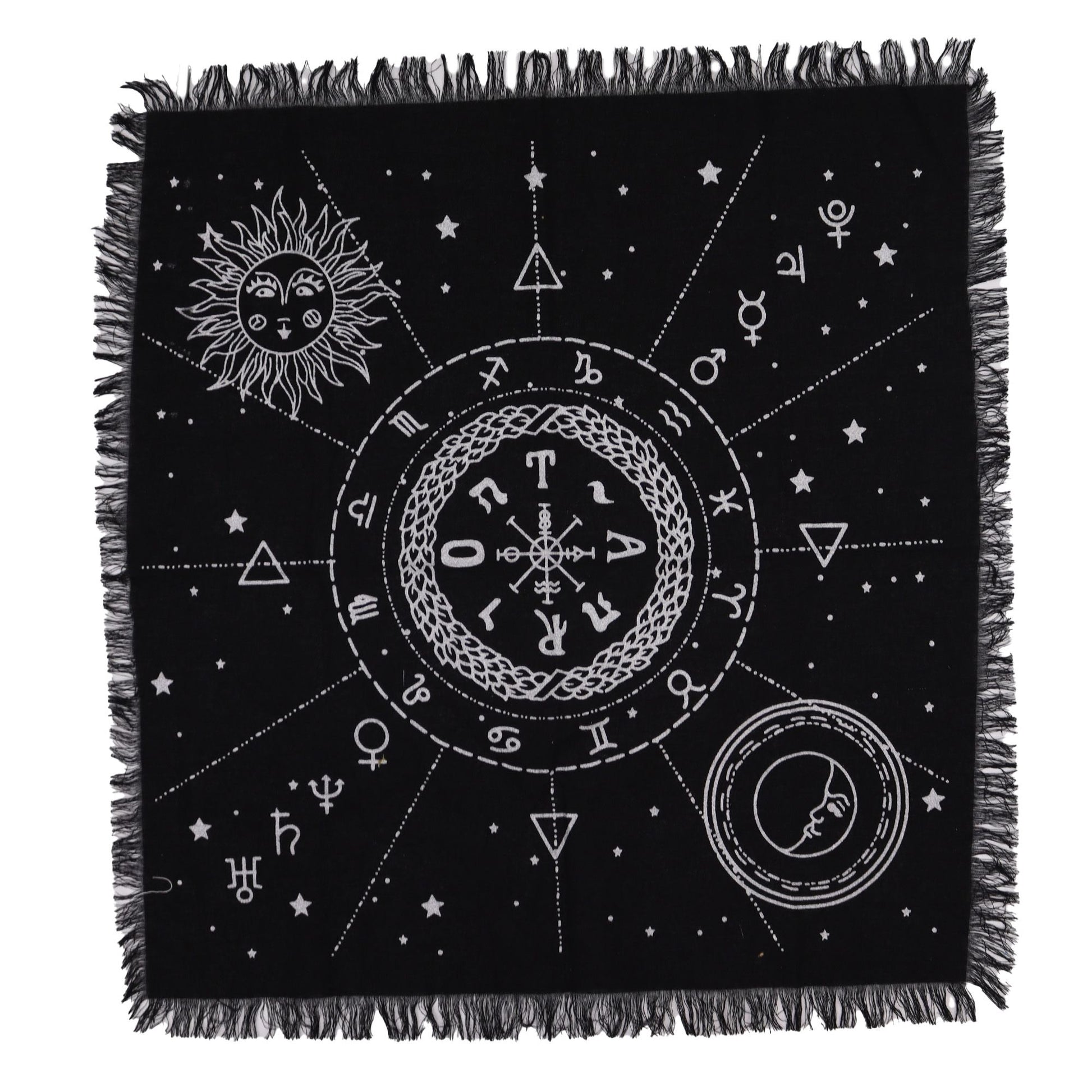 “Where the Sun gives life, and the Moon whispers secrets, balance is found.”

This Esoteric Fringed Altar Cloth – Moon & Sun Chart is a mystical cotton cloth, 50cm x 50cm in size, designed to bring harmony to your sacred space. The twin forces of the Sun and Moon, long revered in folklore and witchcraft, embody the eternal balance of light and shadow, masculine and feminine, action and reflection.

The Sun has always been seen as a giver of vitality, strength, and outward power—guiding growth and illuminati