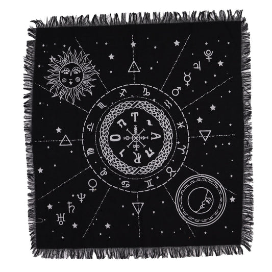 “Where the Sun gives life, and the Moon whispers secrets, balance is found.”

This Esoteric Fringed Altar Cloth – Moon & Sun Chart is a mystical cotton cloth, 50cm x 50cm in size, designed to bring harmony to your sacred space. The twin forces of the Sun and Moon, long revered in folklore and witchcraft, embody the eternal balance of light and shadow, masculine and feminine, action and reflection.

The Sun has always been seen as a giver of vitality, strength, and outward power—guiding growth and illuminati