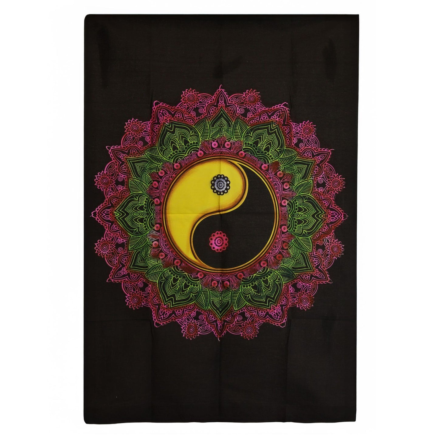Invite equilibrium and mindful calm into your sacred space with this Ying & Yang Mandala Cotton Wall Art, a beautifully detailed tapestry celebrating the eternal dance of light and shadow, stillness and motion. The mandala design radiates symmetry and spiritual depth, while the iconic Ying & Yang symbol sits at the centre—reminding us that harmony lives where opposites meet.

Handmade in India and sized at 70 x 110 cm, this lightweight cotton hanging is easy to display, making it perfect for meditation room
