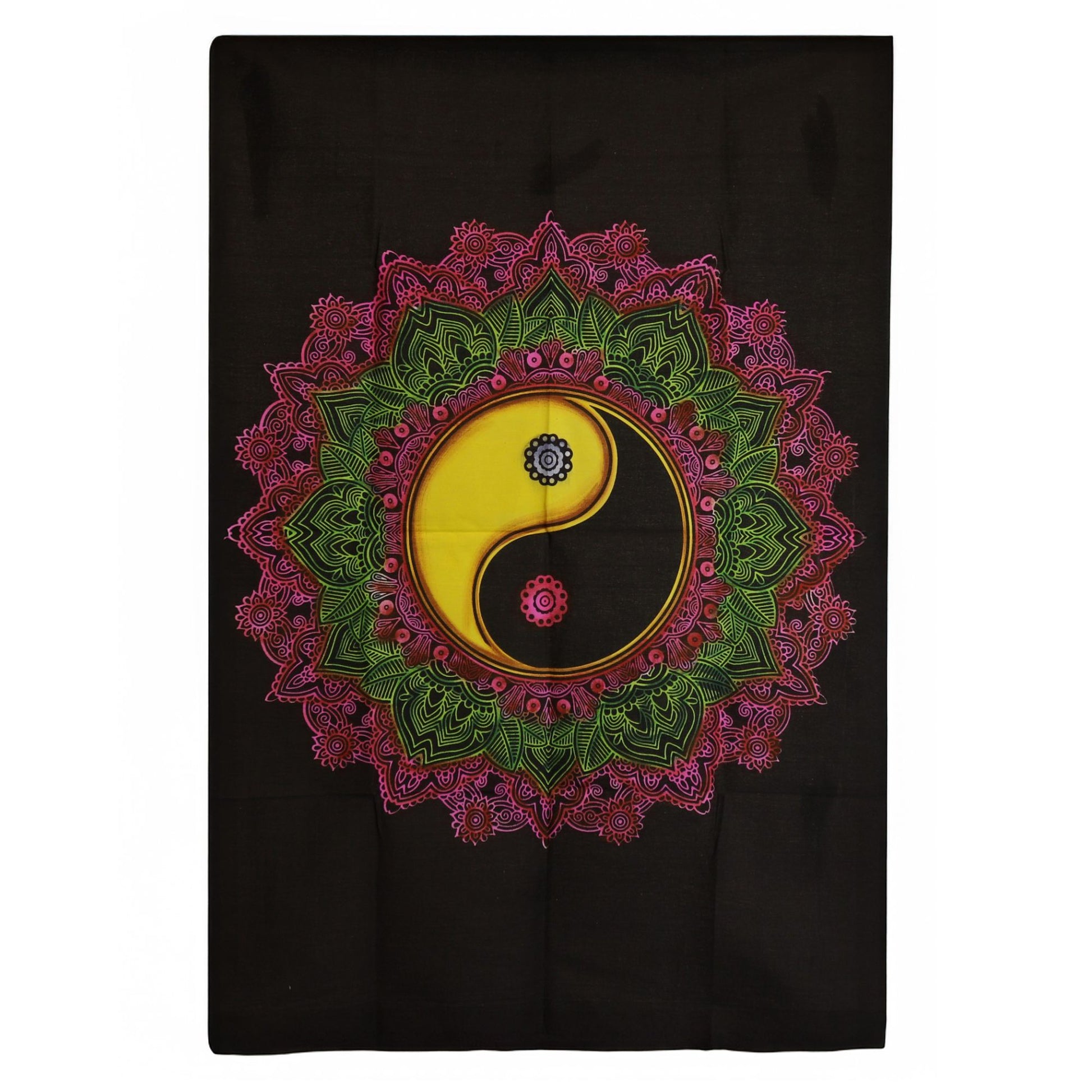 Invite equilibrium and mindful calm into your sacred space with this Ying & Yang Mandala Cotton Wall Art, a beautifully detailed tapestry celebrating the eternal dance of light and shadow, stillness and motion. The mandala design radiates symmetry and spiritual depth, while the iconic Ying & Yang symbol sits at the centre—reminding us that harmony lives where opposites meet.

Handmade in India and sized at 70 x 110 cm, this lightweight cotton hanging is easy to display, making it perfect for meditation room