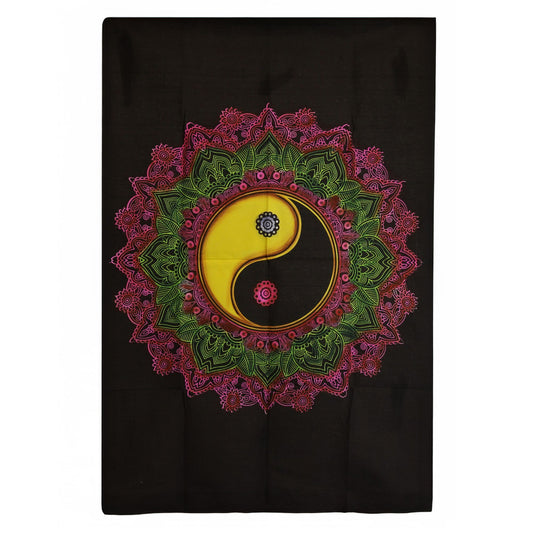 Invite equilibrium and mindful calm into your sacred space with this Ying & Yang Mandala Cotton Wall Art, a beautifully detailed tapestry celebrating the eternal dance of light and shadow, stillness and motion. The mandala design radiates symmetry and spiritual depth, while the iconic Ying & Yang symbol sits at the centre—reminding us that harmony lives where opposites meet.

Handmade in India and sized at 70 x 110 cm, this lightweight cotton hanging is easy to display, making it perfect for meditation room