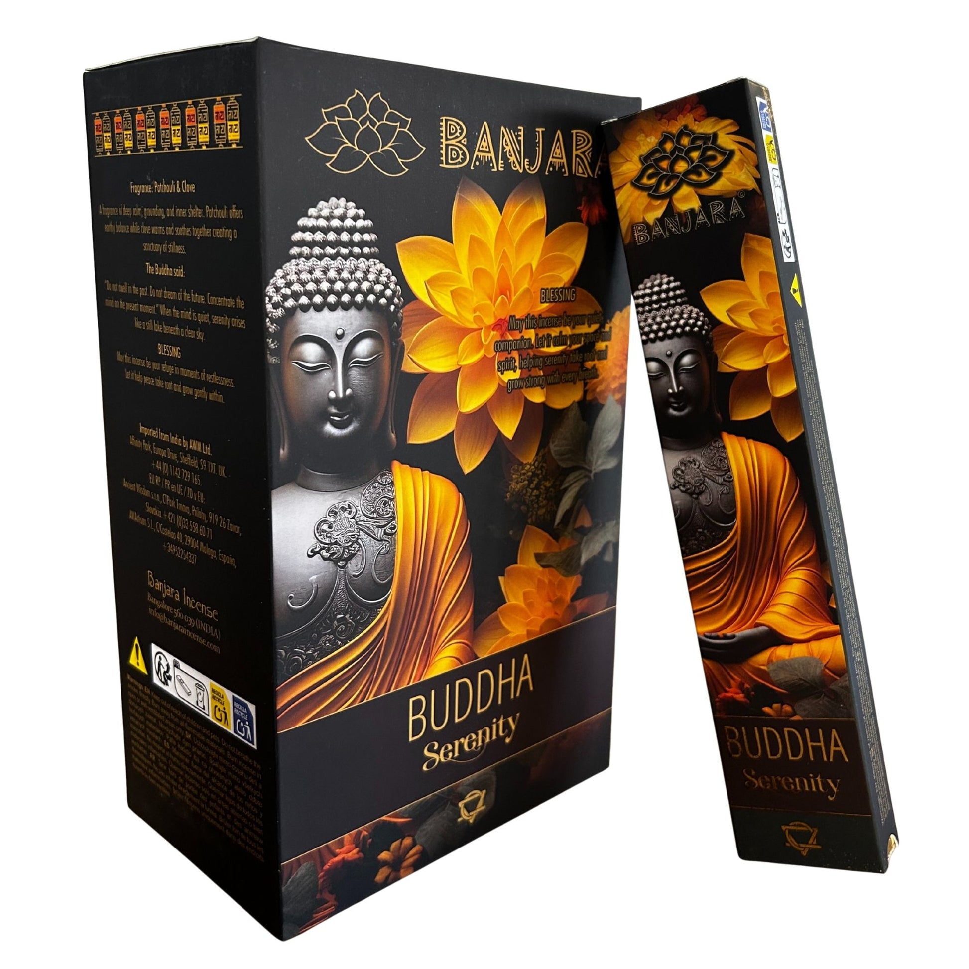 Handcrafted in India, Banjara Buddha – Serenity Incense carries a fresh, lightly woody fragrance designed to ease stress, still the mind, and restore inner balance. Each pack contains around 12 natural incense sticks, releasing a gentle aroma that transforms your space into a sanctuary of peace.

This soothing blend is perfect for meditation, yoga, breathwork, evening unwinding, or any ritual centred on relaxation and emotional harmony. Its delicate, steady scent helps reduce anxiety and encourages a sense 