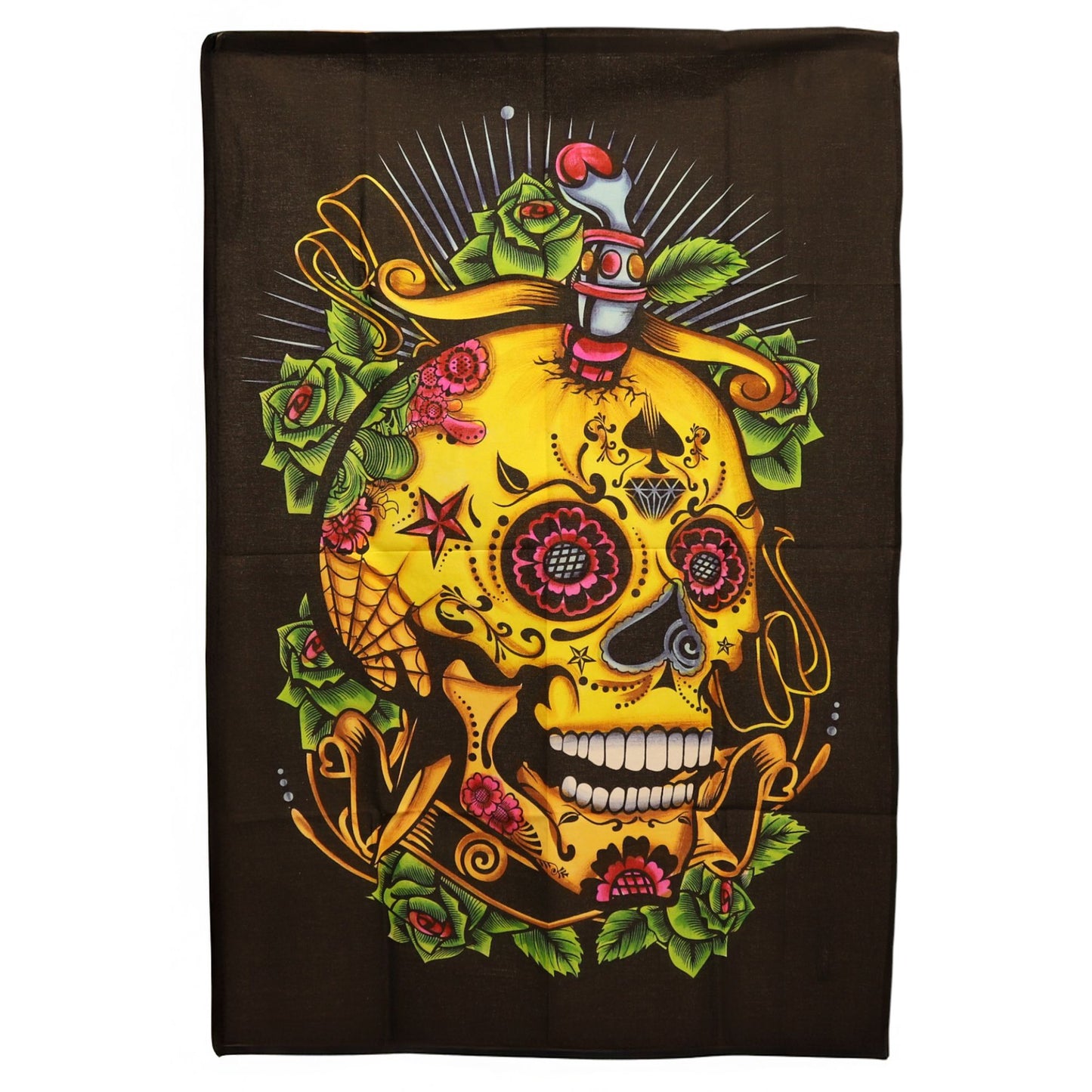Embrace the striking beauty of ancestral symbolism with this Dead of the Dead Skull Cotton Wall Art, a bold tapestry inspired by the vibrant traditions that honour life, death, and the spirits who walk between. Featuring ornate skull detailing, rich colours, and expressive patterns, it brings a powerful blend of celebration and mystery to any space.

Handmade in India and sized at 70 x 110 cm, this lightweight cotton hanging is easy to display and ideal for gothic rooms, witchy dens, meditation corners, alt