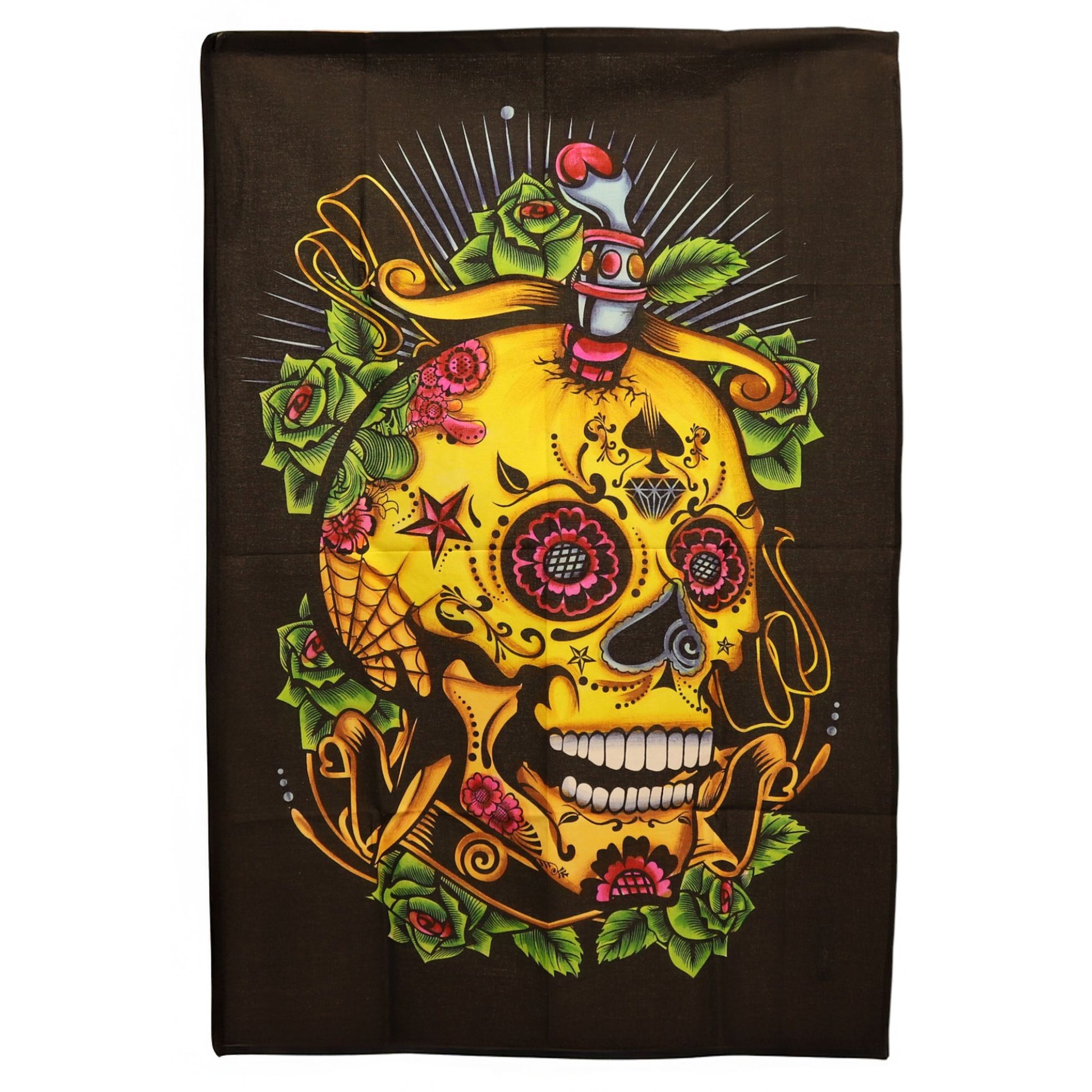 Embrace the striking beauty of ancestral symbolism with this Dead of the Dead Skull Cotton Wall Art, a bold tapestry inspired by the vibrant traditions that honour life, death, and the spirits who walk between. Featuring ornate skull detailing, rich colours, and expressive patterns, it brings a powerful blend of celebration and mystery to any space.

Handmade in India and sized at 70 x 110 cm, this lightweight cotton hanging is easy to display and ideal for gothic rooms, witchy dens, meditation corners, alt