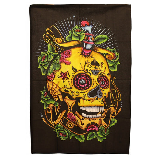 Embrace the striking beauty of ancestral symbolism with this Dead of the Dead Skull Cotton Wall Art, a bold tapestry inspired by the vibrant traditions that honour life, death, and the spirits who walk between. Featuring ornate skull detailing, rich colours, and expressive patterns, it brings a powerful blend of celebration and mystery to any space.

Handmade in India and sized at 70 x 110 cm, this lightweight cotton hanging is easy to display and ideal for gothic rooms, witchy dens, meditation corners, alt