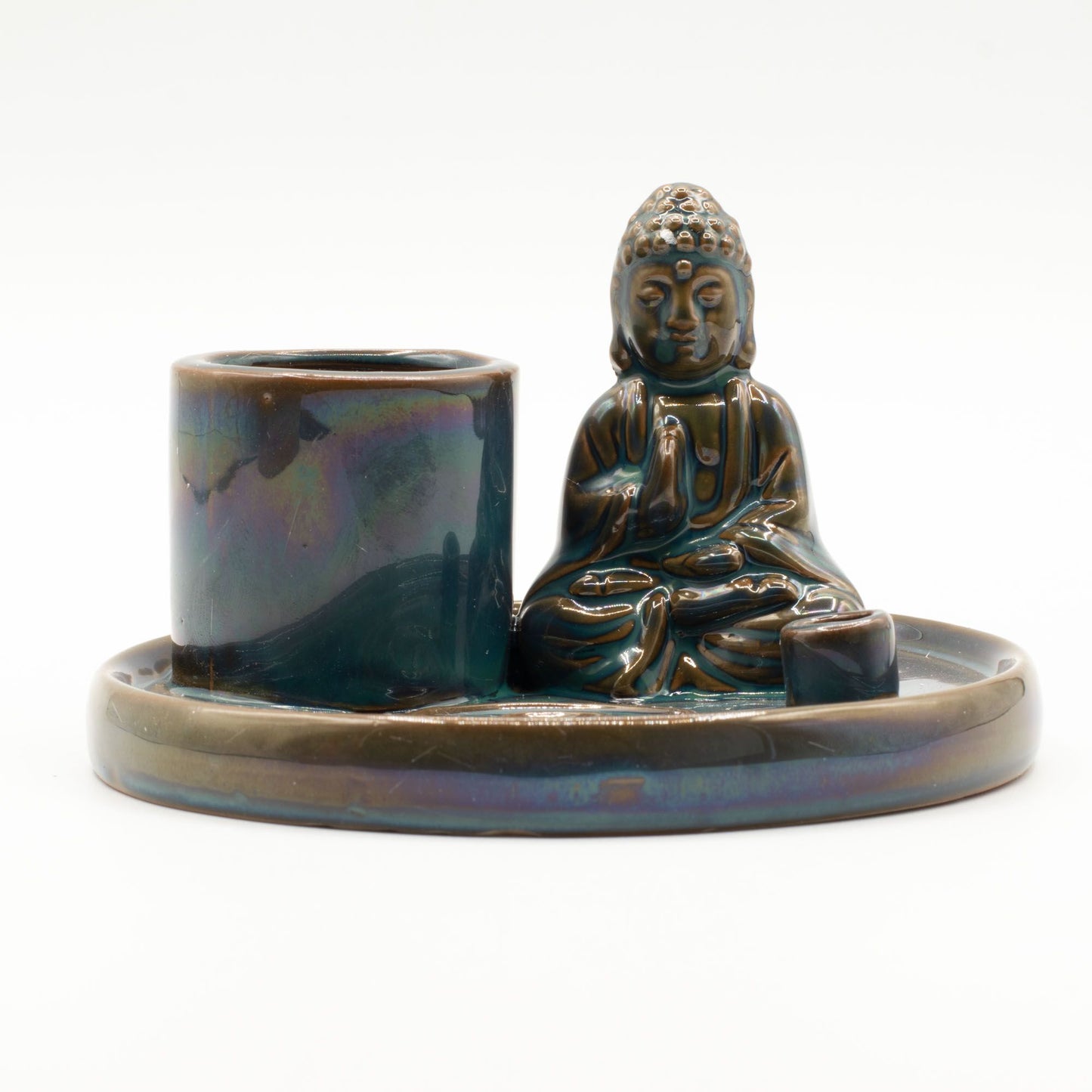 Blue ceramic Buddha incense plate with holders for sticks and cones. Ideal for meditation, rituals, mindfulness, or spiritual home décor.