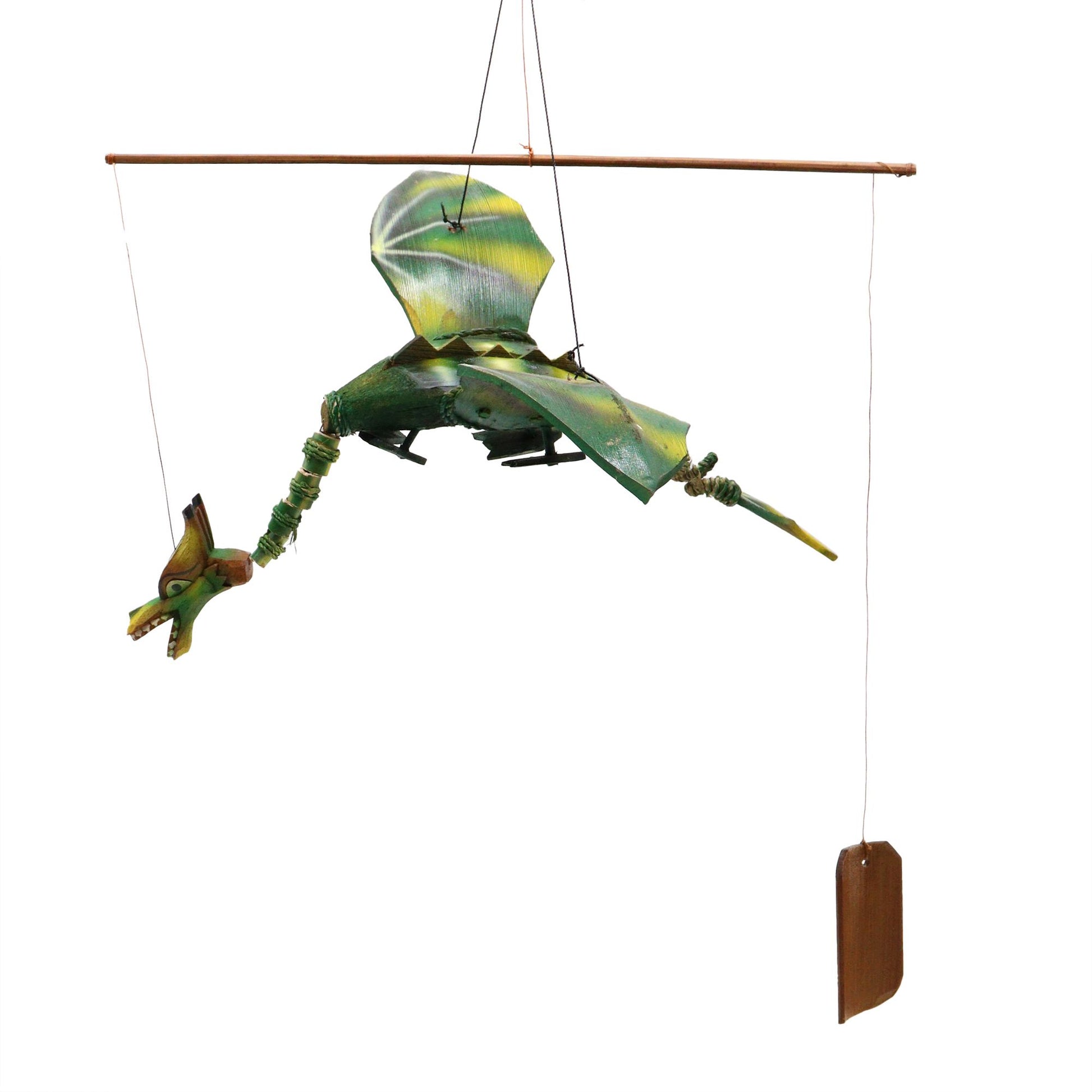 Green coconut dragon hanging mobile with 37cm wingspan. Unique garden or home dragon decor that moves gently in the breeze.