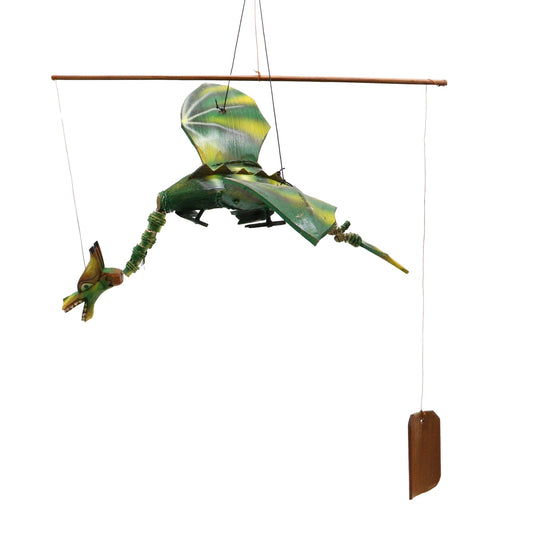 Green coconut dragon hanging mobile with 37cm wingspan. Unique garden or home dragon decor that moves gently in the breeze.