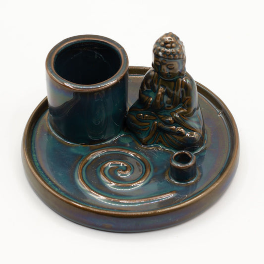 Blue ceramic Buddha incense plate with holders for sticks and cones. Ideal for meditation, rituals, mindfulness, or spiritual home décor.