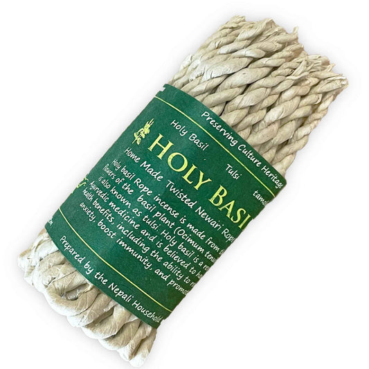 This variety of Holy Basil, also known as Tulsi, offers a fresh, herbal aroma with subtle hints of clove and peppery undertones. Revered for its sacred properties, Holy Basil rope incense enhances spiritual rituals, meditation, and mindfulness practices. Each hand-rolled rope burns for approximately 15 minutes, creating a serene and tranquil atmosphere for devotion and self-reflection.

Length: approx. 11 cm

Weight: approx. 11 g

Burning Time: 15 minutes

Immerse your space in the sacred fragrance of Tulsi