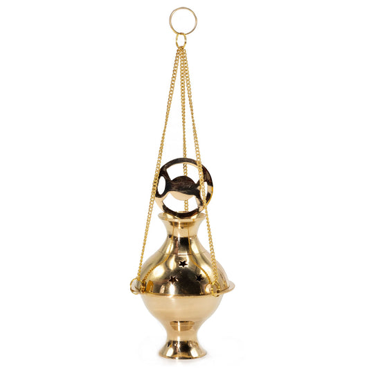 Celebrate the lunar cycle with this handcrafted brass hanging incense burner, crowned with the Three Phase Moon symbol representing Maiden, Mother, and Crone. Star-cut vents allow the fragrant smoke to drift gracefully, creating a mystical and atmospheric setting for rituals, meditation, or sacred practice.

Handmade in India, this piece hangs from three golden chains with a central loop, making it easy to suspend above an altar, ritual space, or meditation corner. Suitable for resin, cones, or charcoal inc