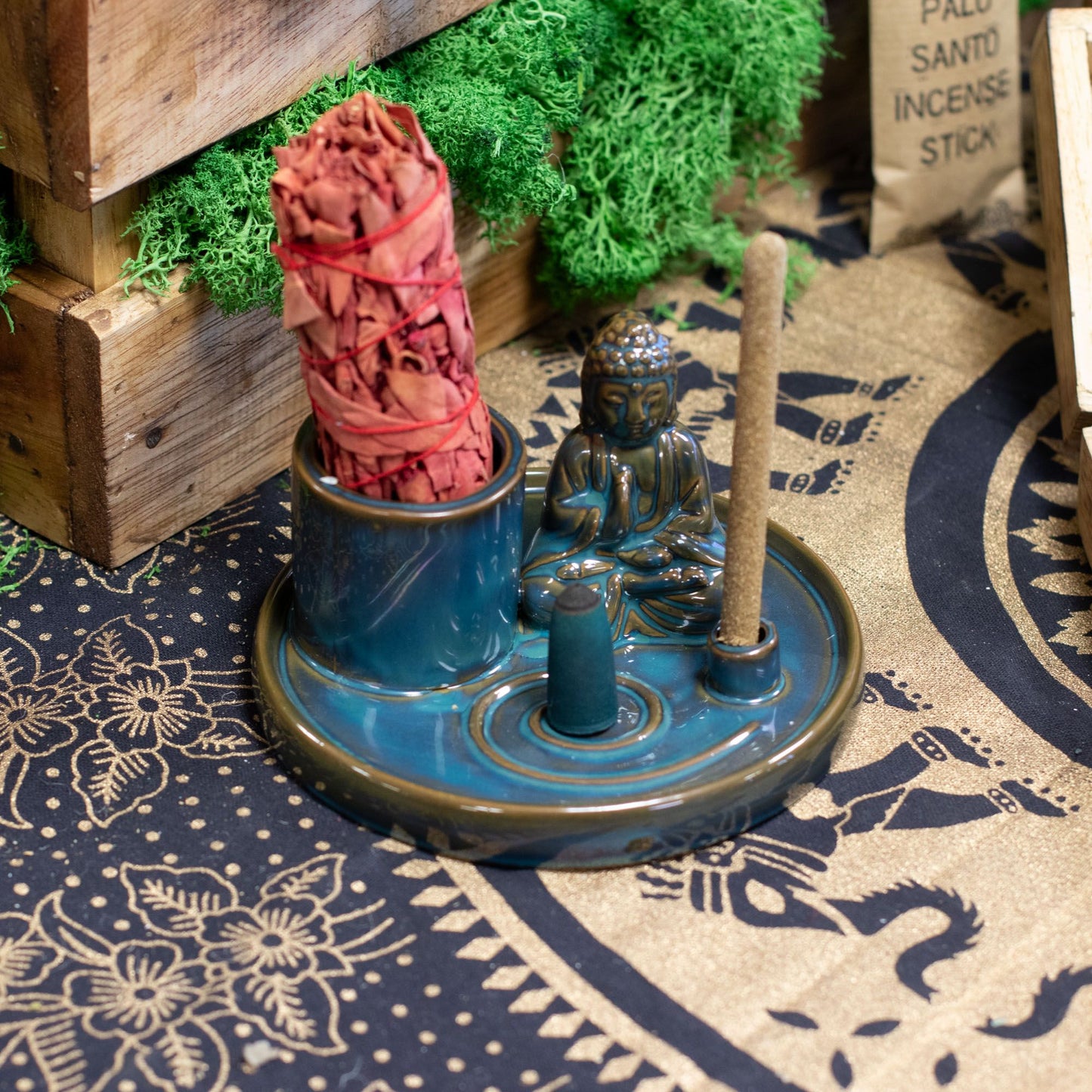 Blue ceramic Buddha incense plate with holders for sticks and cones. Ideal for meditation, rituals, mindfulness, or spiritual home décor.