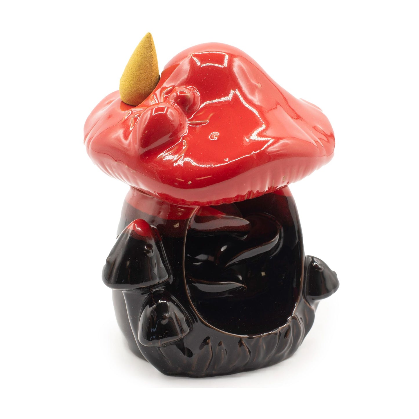 Large red mushroom backflow incense burner with woodland design. Creates cascading waterfall smoke effect with backflow cones.