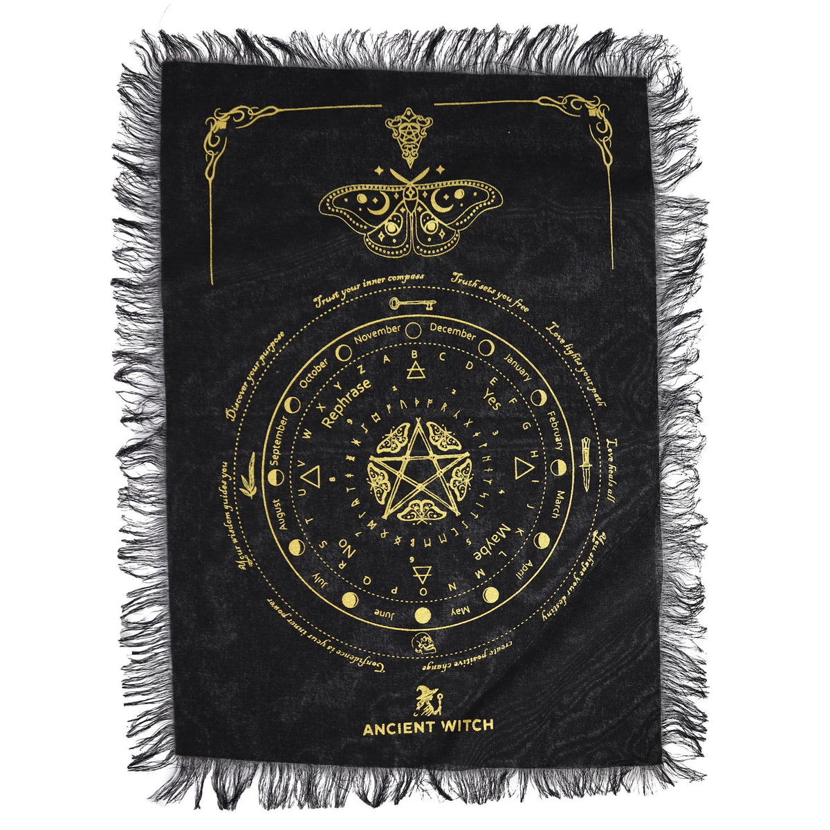 Ancient Witch Pendulum Divination Cloth - Mystic Moth - Black & Gold