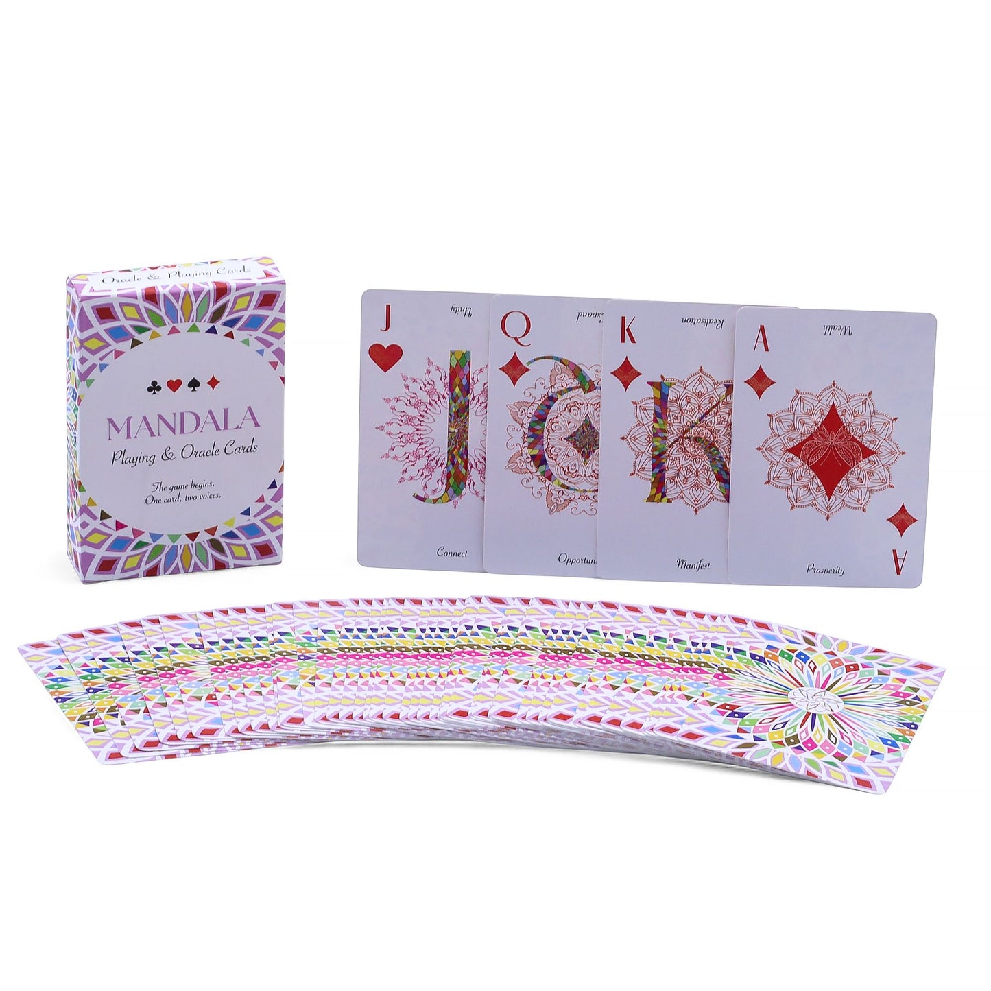 Bring colour, clarity, and mindful reflection to your table with the Mandala Reflection Card Deck, a luminous 54-card set designed for both classic gameplay and intuitive guidance. Each card is adorned with an intricate kaleidoscopic mandala, its patterns echoing the balance of life’s choices and the harmony between movement and stillness.

Every design features mirrored words that allow for two interpretations — one upright, one reversed — offering deeper insight for meditation, daily draws, or personal re
