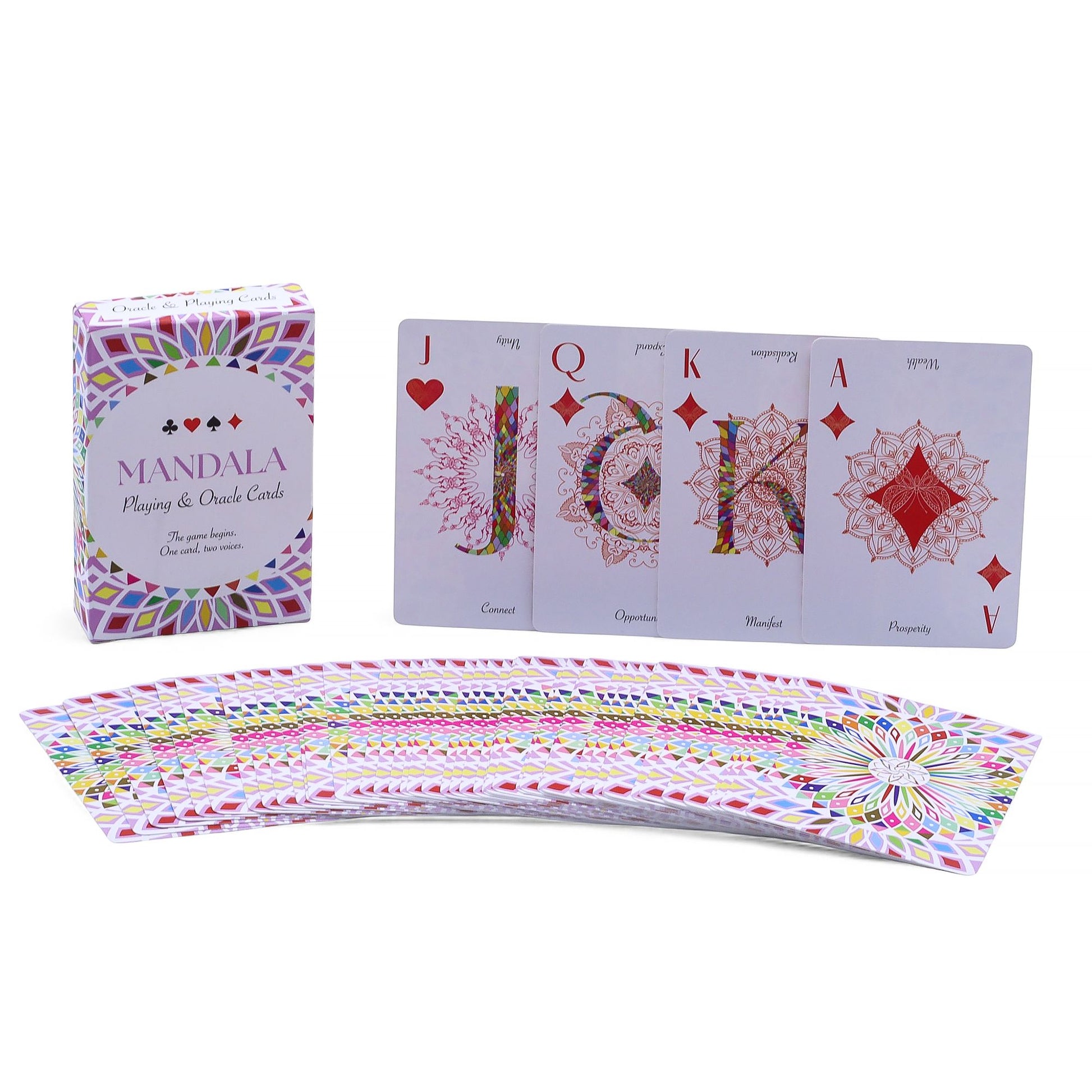 Bring colour, clarity, and mindful reflection to your table with the Mandala Reflection Card Deck, a luminous 54-card set designed for both classic gameplay and intuitive guidance. Each card is adorned with an intricate kaleidoscopic mandala, its patterns echoing the balance of life’s choices and the harmony between movement and stillness.

Every design features mirrored words that allow for two interpretations — one upright, one reversed — offering deeper insight for meditation, daily draws, or personal re