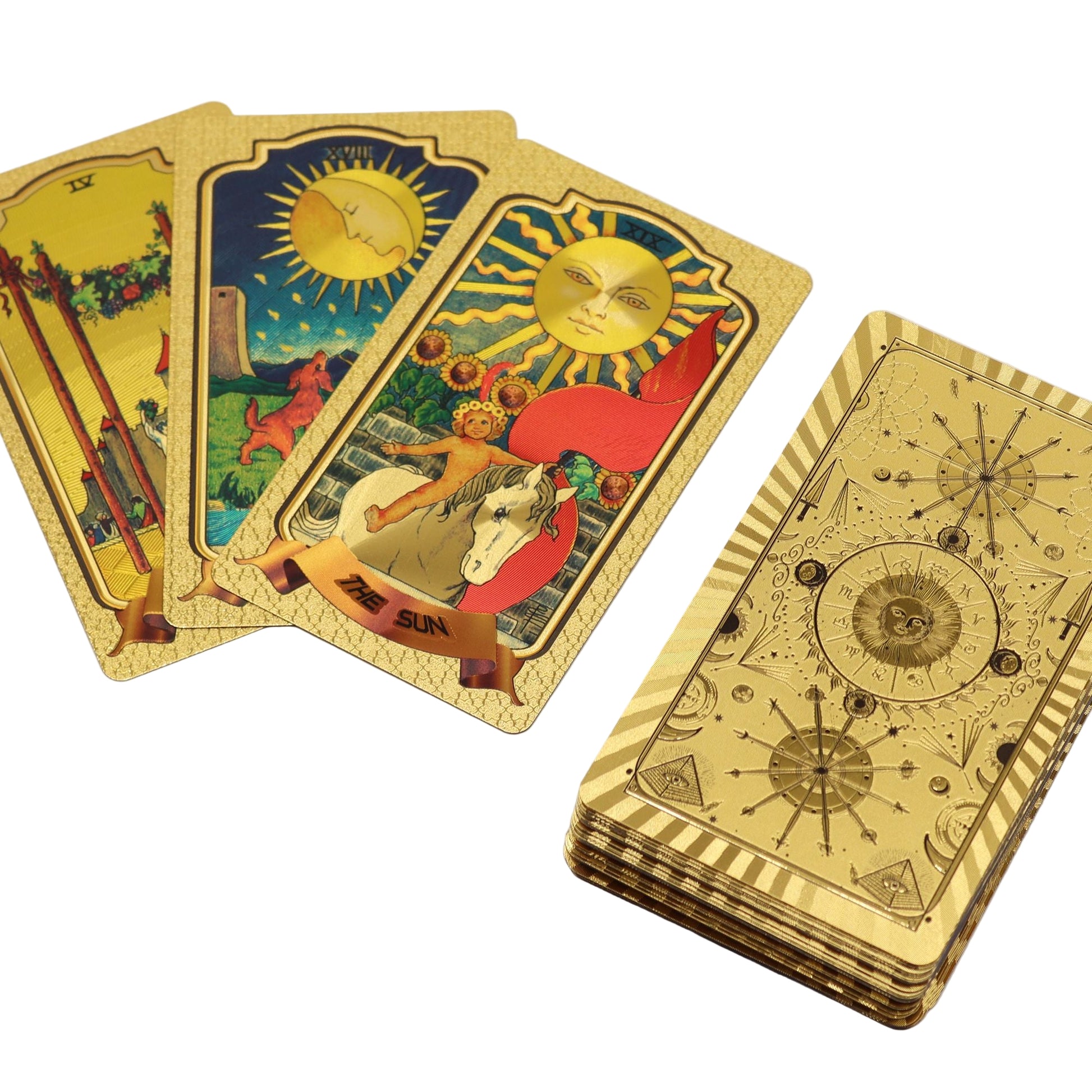 Experience a striking blend of tradition and opulence with the Golden Tarot Deck, a luminous 78-card set designed to elevate every reading with radiant foil artistry. Enriched with shimmering gold accents, each card reflects the light beautifully, creating a deck that feels both mystical and sophisticated — a true treasure for collectors and tarot practitioners alike.

The artwork honours classic tarot symbolism, enhanced with bold gold detailing that adds depth, vibrancy, and a sense of ceremonial richness