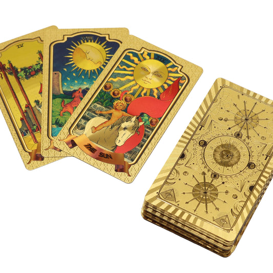 Experience a striking blend of tradition and opulence with the Golden Tarot Deck, a luminous 78-card set designed to elevate every reading with radiant foil artistry. Enriched with shimmering gold accents, each card reflects the light beautifully, creating a deck that feels both mystical and sophisticated — a true treasure for collectors and tarot practitioners alike.

The artwork honours classic tarot symbolism, enhanced with bold gold detailing that adds depth, vibrancy, and a sense of ceremonial richness
