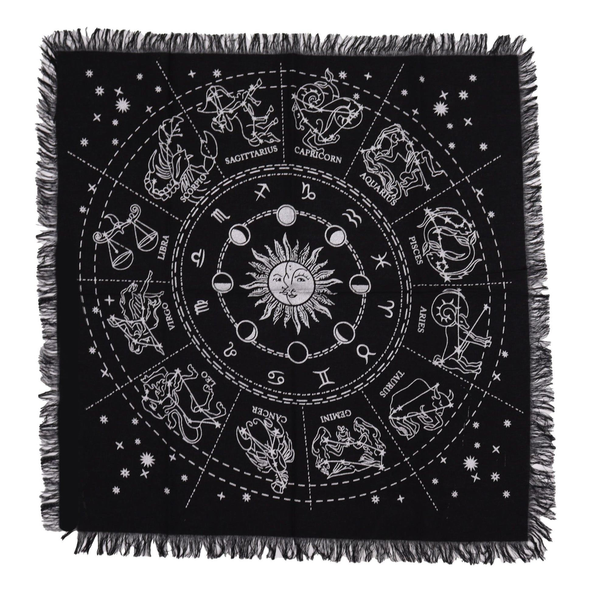 “Stars guide the spirit, and cloth weaves their message.”

This Fringed Horoscope Altar Cloth is crafted from pure cotton and measures 50cm x 50cm, the perfect size for altar work, tarot readings, or spell casting. Its fringed edges echo the unraveling threads of destiny, reminding us that the fabric of the cosmos is always shifting and reweaving itself.

In witchcraft and folklore, the zodiac has long been used as a celestial map, helping practitioners align spells, divination, and rituals with the cycles 