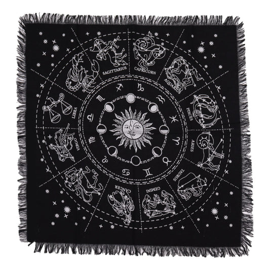 “Stars guide the spirit, and cloth weaves their message.”

This Fringed Horoscope Altar Cloth is crafted from pure cotton and measures 50cm x 50cm, the perfect size for altar work, tarot readings, or spell casting. Its fringed edges echo the unraveling threads of destiny, reminding us that the fabric of the cosmos is always shifting and reweaving itself.

In witchcraft and folklore, the zodiac has long been used as a celestial map, helping practitioners align spells, divination, and rituals with the cycles 