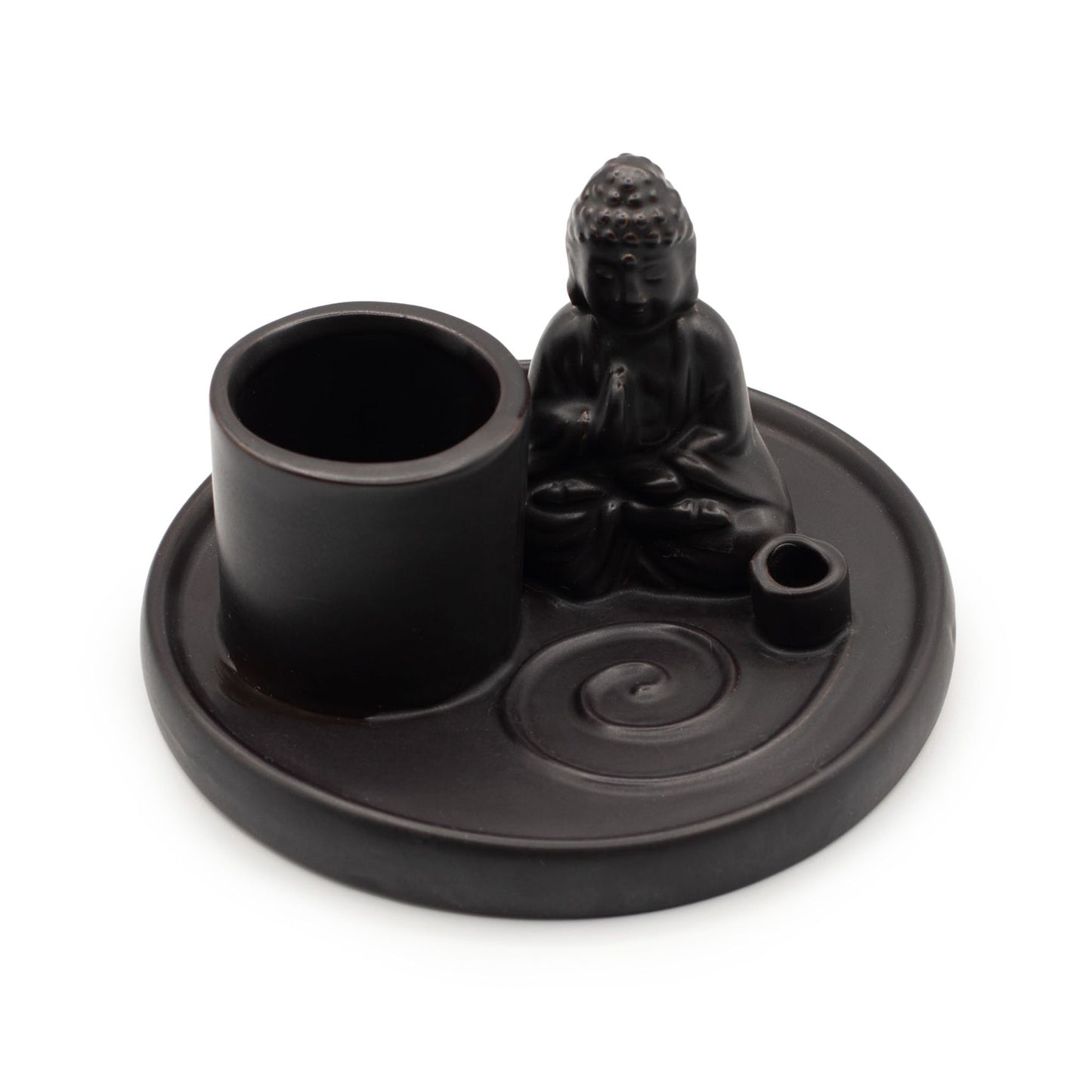 Matt black ceramic Buddha incense plate with holders for incense and smudge sticks. Perfect for meditation, rituals, and spiritual or gothic home décor.
