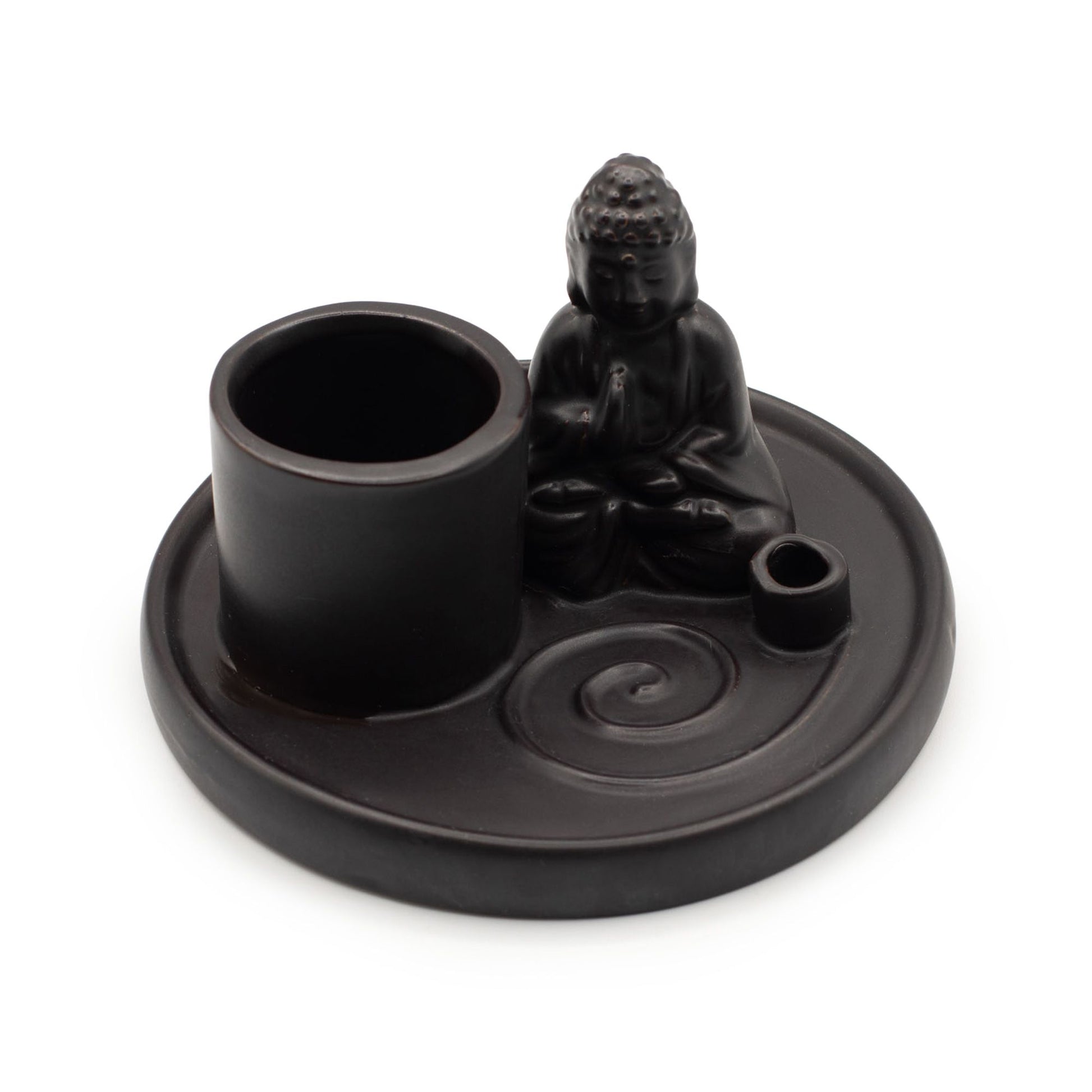 Matt black ceramic Buddha incense plate with holders for incense and smudge sticks. Perfect for meditation, rituals, and spiritual or gothic home décor.