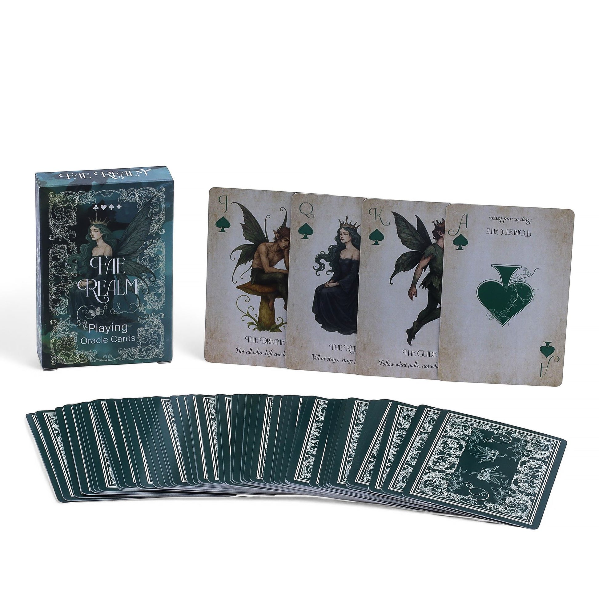 Step through the veil and wander into the realm of the Fae — a world of mystery, soft whispers, and shimmering wonder. The Fae Realm Playing & Oracle Cards is a 54-card deck that serves as both a traditional playing set and an intuitive oracle, where each card carries a name and message: part riddle, part truth, part charm.

Designed with intricate fairy artwork, aged textures, and ethereal tones, this deck feels like a keepsake stolen from another world. Every card invites you to look closer, listen deeper