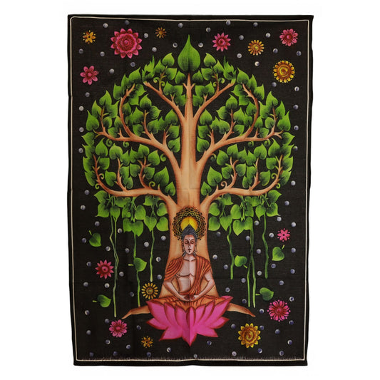 Bring a serene, grounding presence into your sacred space with this Buddha Bodhi Tree Cotton Wall Art, a peaceful tapestry depicting the Buddha seated beneath the sacred Bodhi tree. Rich greens, warm tones, and gentle pink accents blend together to create an atmosphere of harmony, reflection, and quiet spiritual strength.

Handmade in India and sized at 70 x 110 cm, this lightweight cotton hanging is easy to place anywhere you wish to invite calm—meditation rooms, yoga spaces, bedrooms, altar corners, or an