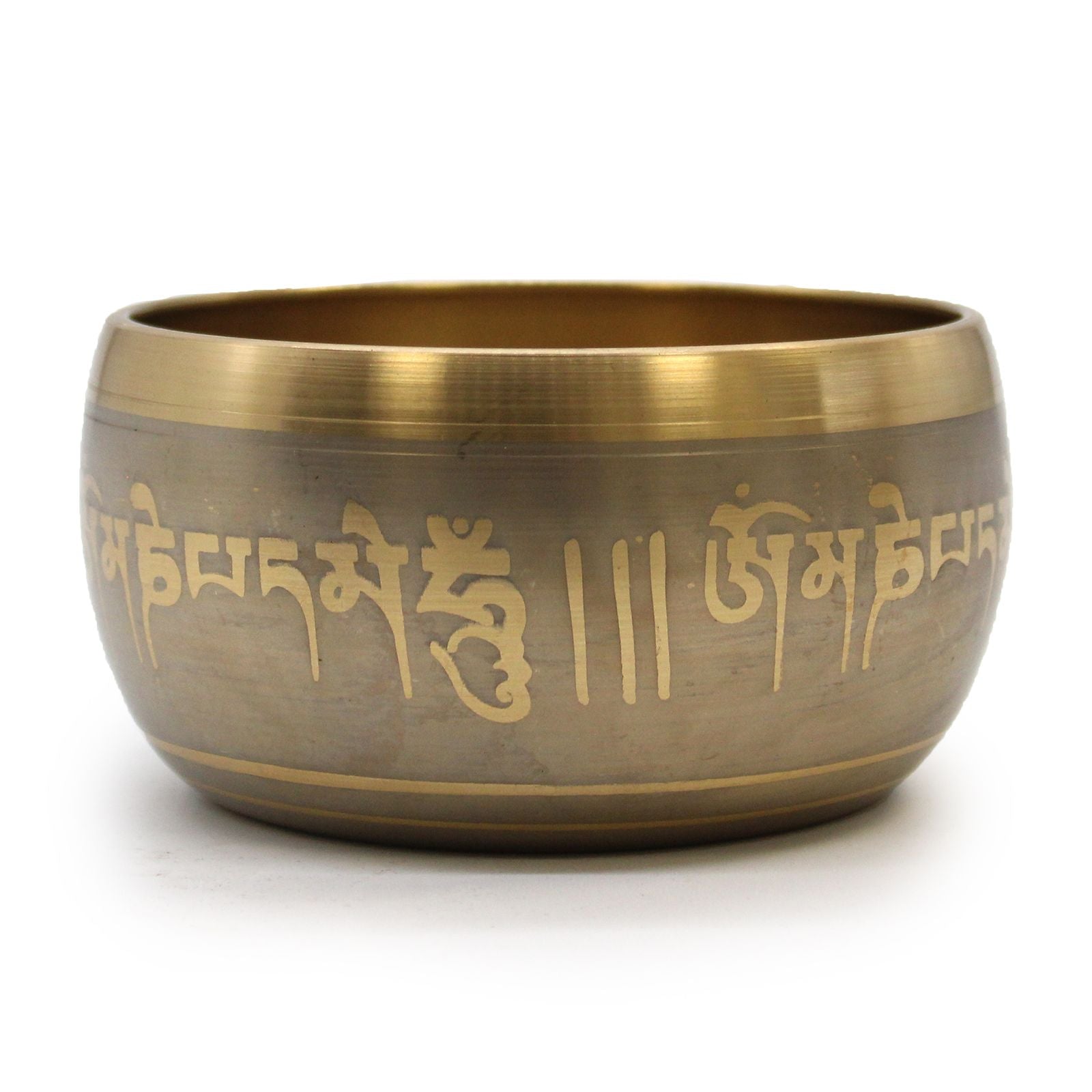 Bronze singing bowl with engraved text on a white background