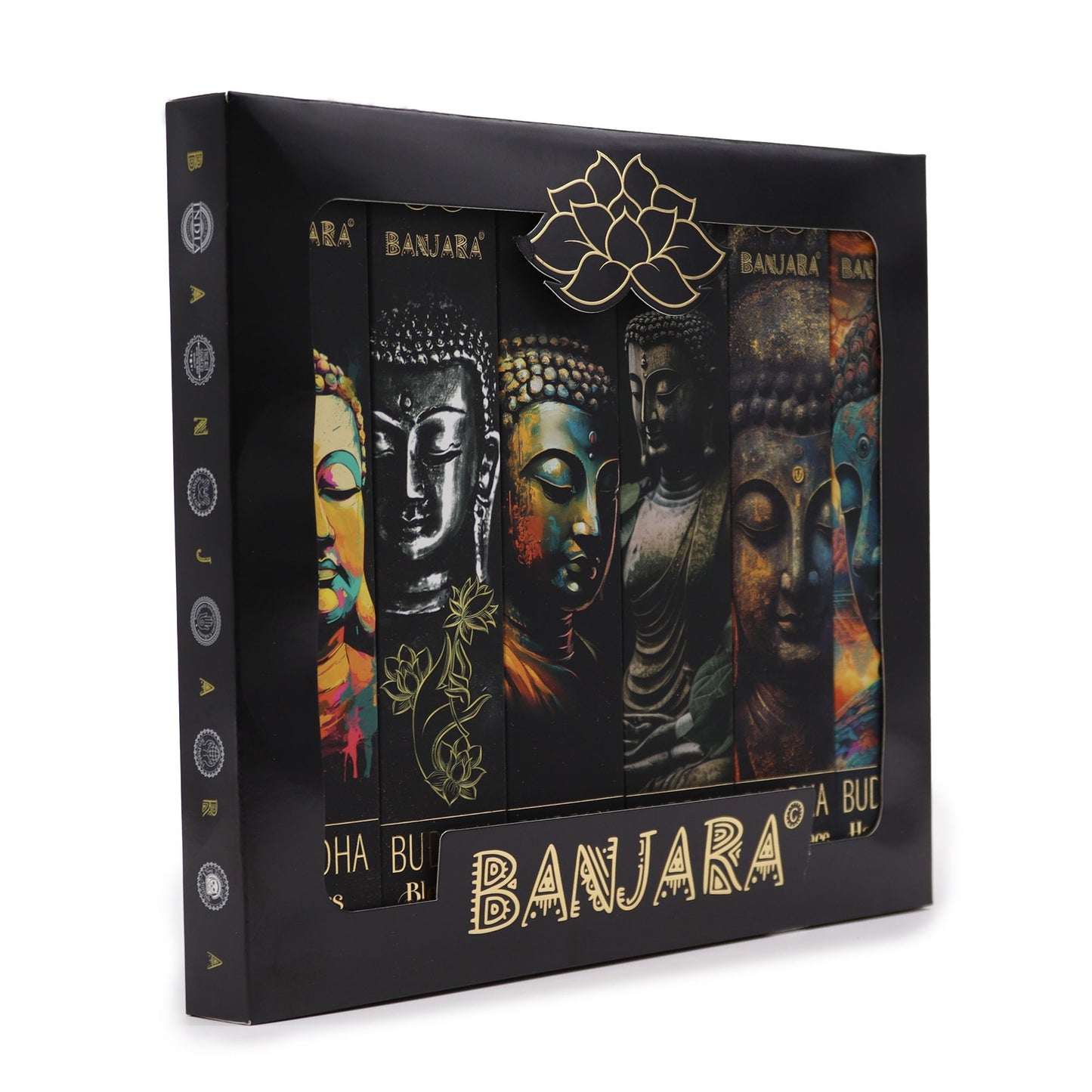 Discover a collection of six fragrant pathways with this Banjara Buddha Incense Gift Set, handmade in India and beautifully presented for those seeking serenity, meaning, and spiritual depth. Each variety is crafted from natural ingredients and burns slowly, releasing a long-lasting aroma that transforms any space into a sanctuary of peace.

Inside the set, you’ll find six unique fragrances, each created to support a different aspect of the soul’s journey:

• Meditation – Enhances focus, stillness, and mind