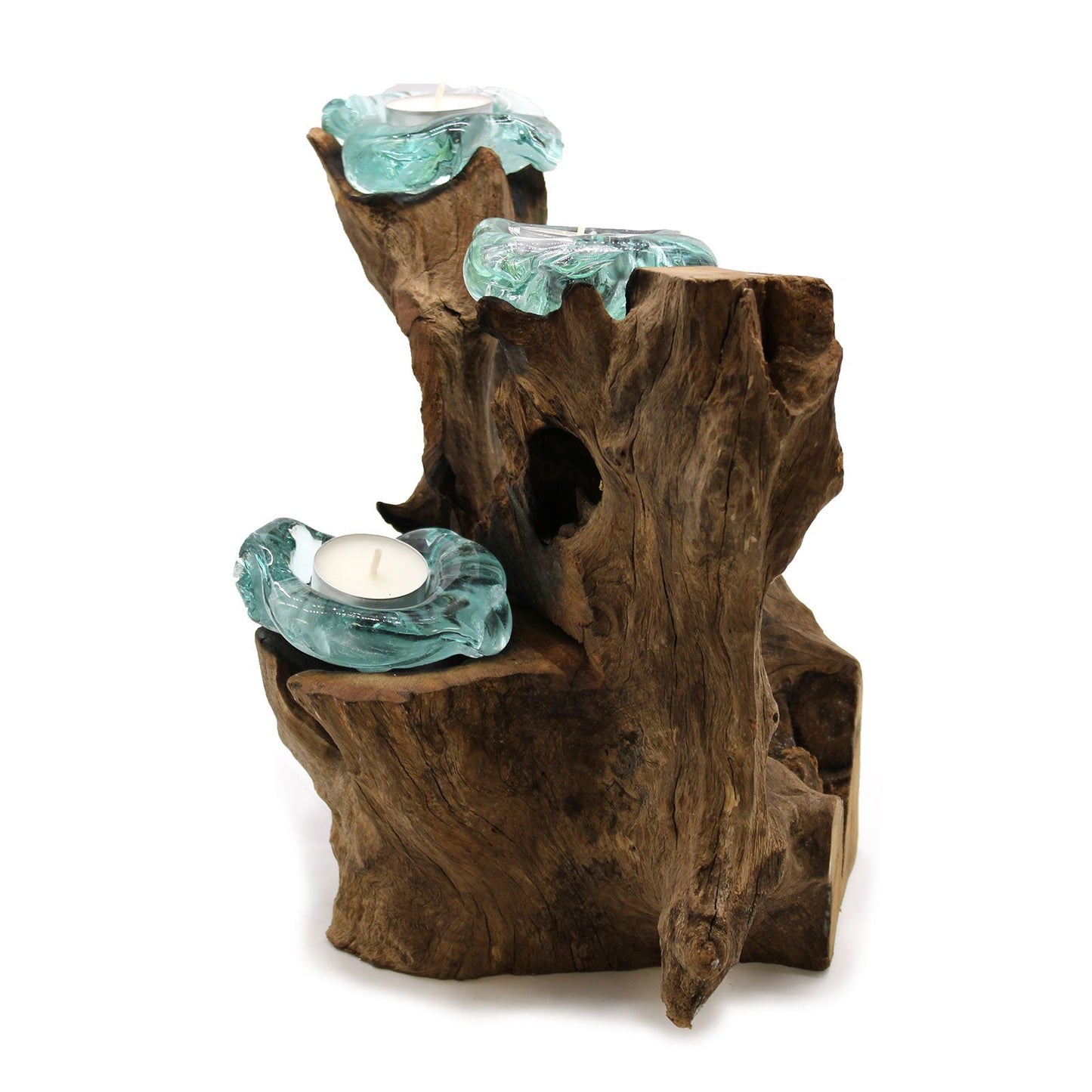 Molten Glass Triple Candle Holder on Wood – Handmade Eco Decor