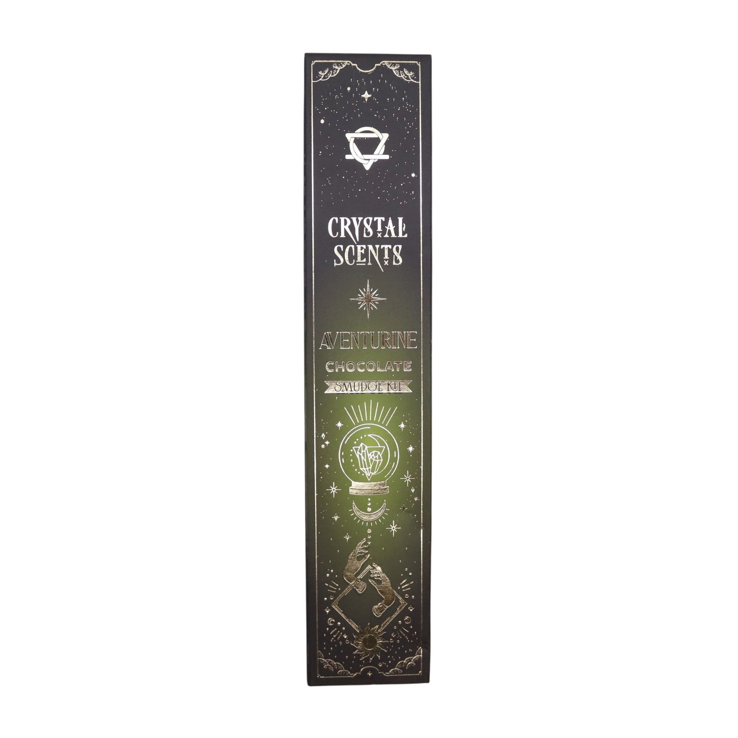 Invite gentle sweetness and soothing comfort into your home with this Chocolate Smudge Incense set, paired with natural aventurine chipstones for grounding, luck and emotional ease. Handcrafted in India with classic incense-making techniques, these smudge sticks release a warm cocoa aroma—rich, mellow, and perfect for creating a nurturing, heart-centred atmosphere.

Inside the deep green celestial-style sleeve, you’ll find ten smudge sticks (approx. 20 cm) wrapped in printed protective paper, along with a s