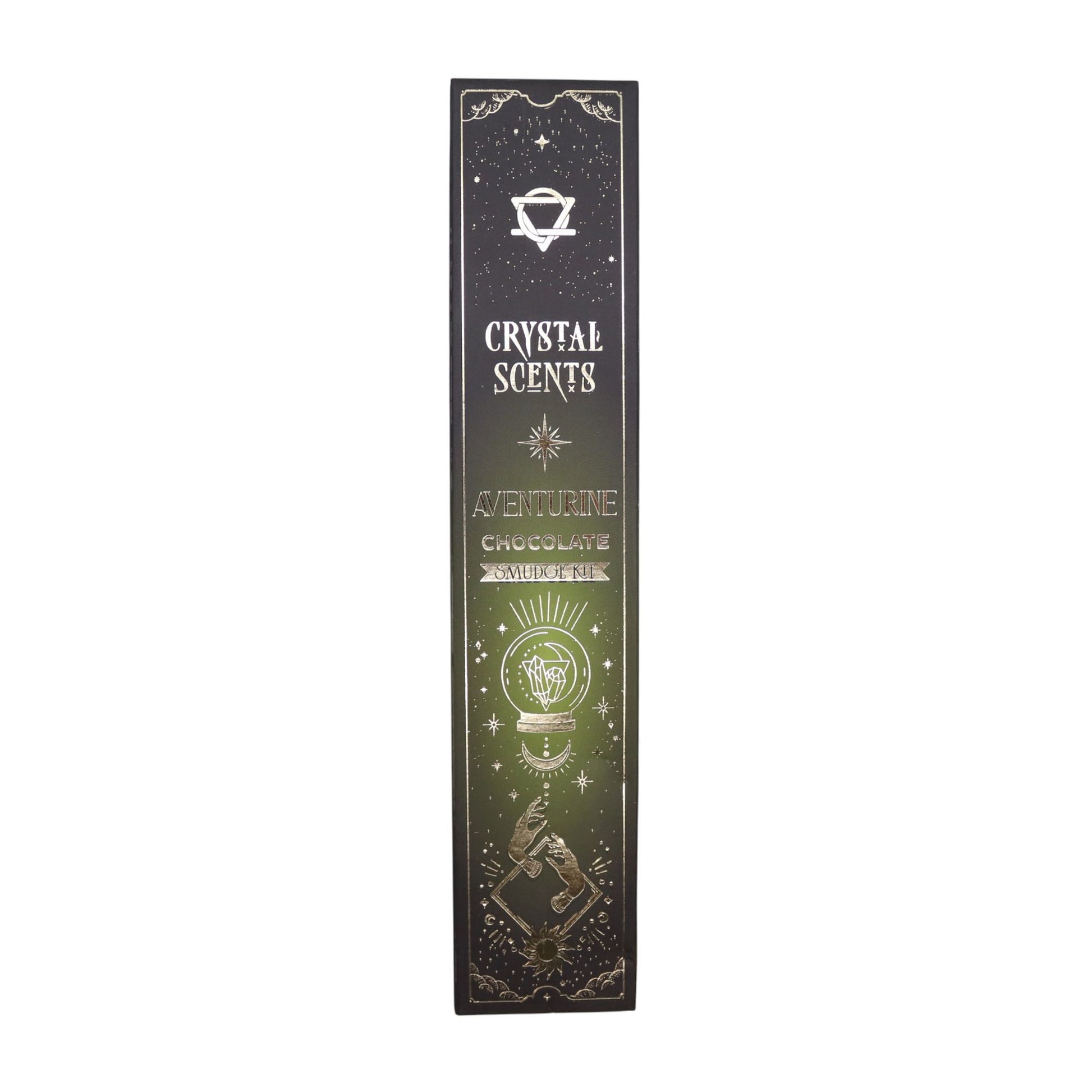 Invite gentle sweetness and soothing comfort into your home with this Chocolate Smudge Incense set, paired with natural aventurine chipstones for grounding, luck and emotional ease. Handcrafted in India with classic incense-making techniques, these smudge sticks release a warm cocoa aroma—rich, mellow, and perfect for creating a nurturing, heart-centred atmosphere.

Inside the deep green celestial-style sleeve, you’ll find ten smudge sticks (approx. 20 cm) wrapped in printed protective paper, along with a s