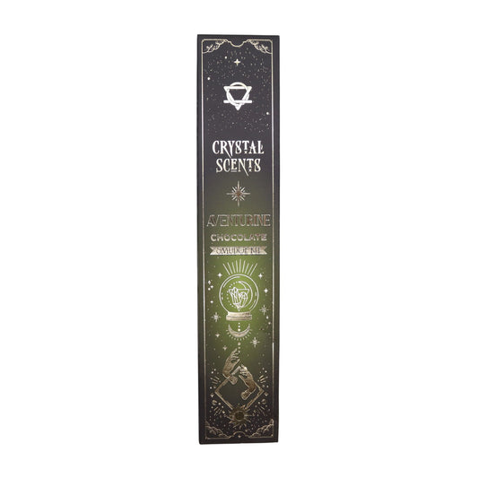 Invite gentle sweetness and soothing comfort into your home with this Chocolate Smudge Incense set, paired with natural aventurine chipstones for grounding, luck and emotional ease. Handcrafted in India with classic incense-making techniques, these smudge sticks release a warm cocoa aroma—rich, mellow, and perfect for creating a nurturing, heart-centred atmosphere.

Inside the deep green celestial-style sleeve, you’ll find ten smudge sticks (approx. 20 cm) wrapped in printed protective paper, along with a s
