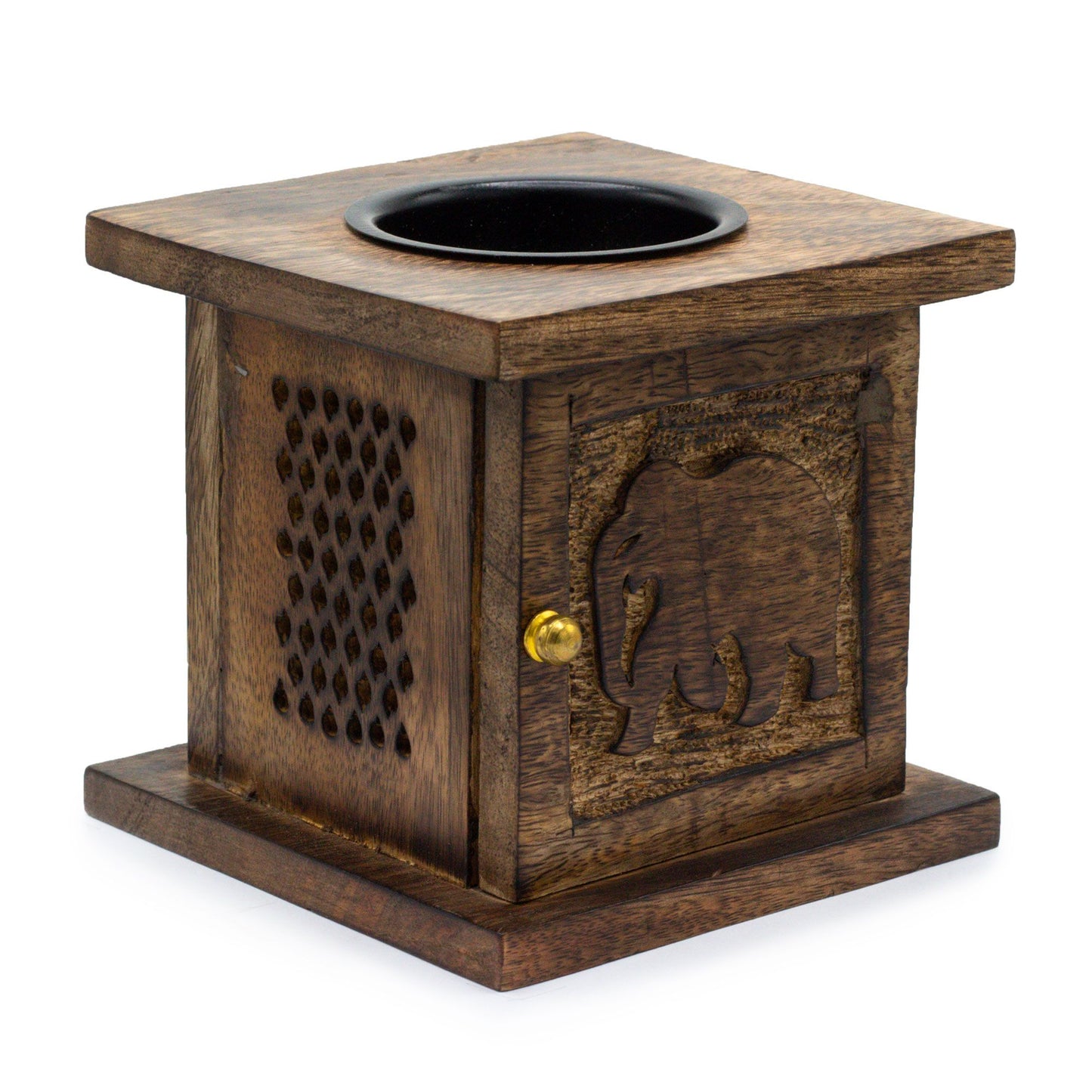 Made in India from eco-friendly mango wood, renowned for its durability and unique grain patterns. &nbsp;

The elephant carving on the front of the box adds a cultural and artistic touch. Elephant motif symbolising wisdom and strength.&nbsp;

The front door features a brass knob for easy opening, allowing quick access to refill or clean the burner. The vented sides ensure proper air circulation.&nbsp;

Can be used with oils or wax melts.

The box measures approximately 12x12 cm