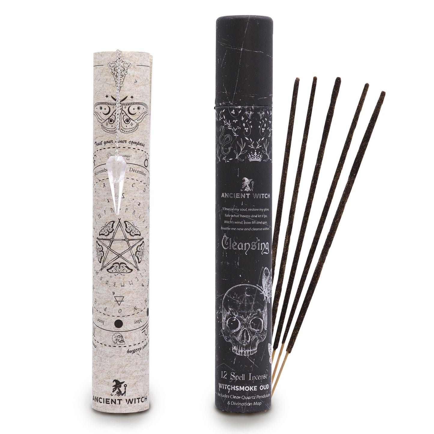 Let your space exhale with this Cleansing Spell Incense, a ritual set crafted to clear stagnant energy and invite calm, grounded stillness. Each tube contains 12 handcrafted incense sticks infused with a cool, smoky oud-inspired fragrance—rich, luxurious, and soothing from the first spark. Perfect for resetting a room, refreshing the mind, or creating a spacious atmosphere for meditation and magic.

Inside, you’ll discover a rock crystal pendulum, a tool long associated with clarity, purification, and intui