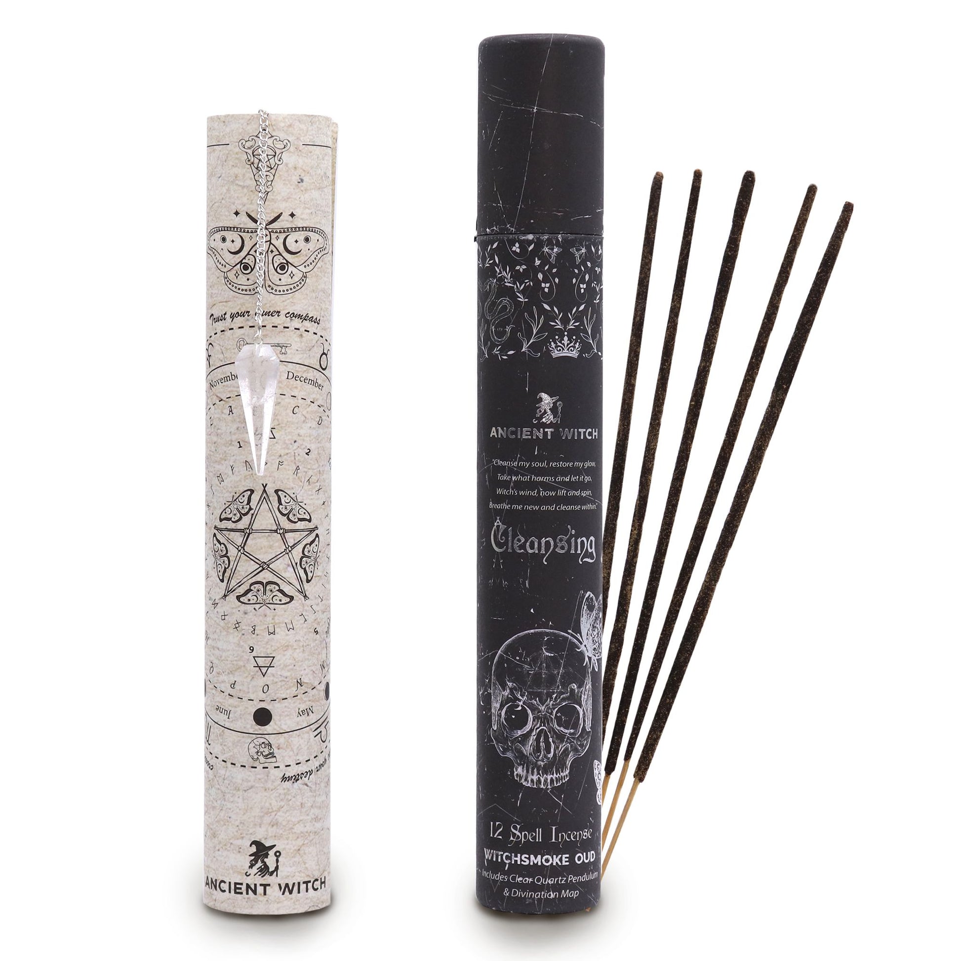 Let your space exhale with this Cleansing Spell Incense, a ritual set crafted to clear stagnant energy and invite calm, grounded stillness. Each tube contains 12 handcrafted incense sticks infused with a cool, smoky oud-inspired fragrance—rich, luxurious, and soothing from the first spark. Perfect for resetting a room, refreshing the mind, or creating a spacious atmosphere for meditation and magic.

Inside, you’ll discover a rock crystal pendulum, a tool long associated with clarity, purification, and intui