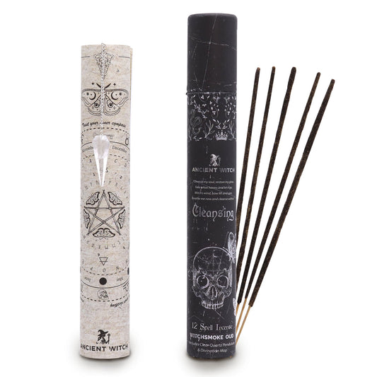Let your space exhale with this Cleansing Spell Incense, a ritual set crafted to clear stagnant energy and invite calm, grounded stillness. Each tube contains 12 handcrafted incense sticks infused with a cool, smoky oud-inspired fragrance—rich, luxurious, and soothing from the first spark. Perfect for resetting a room, refreshing the mind, or creating a spacious atmosphere for meditation and magic.

Inside, you’ll discover a rock crystal pendulum, a tool long associated with clarity, purification, and intui