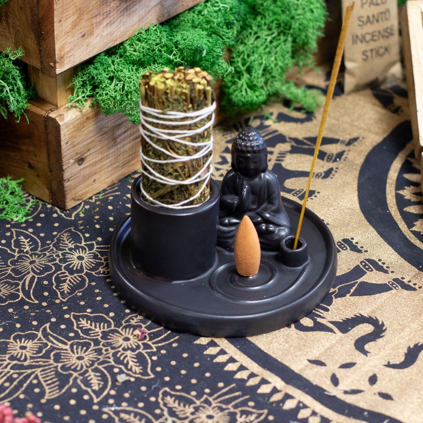 Matt black ceramic Buddha incense plate with holders for incense and smudge sticks. Perfect for meditation, rituals, and spiritual or gothic home décor.