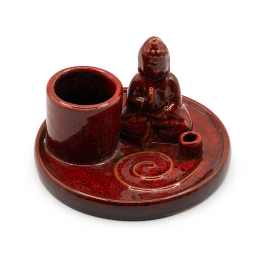 Soft red ceramic Buddha incense plate with holders for sticks and cones. Perfect for meditation, rituals, mindfulness, or spiritual home décor.