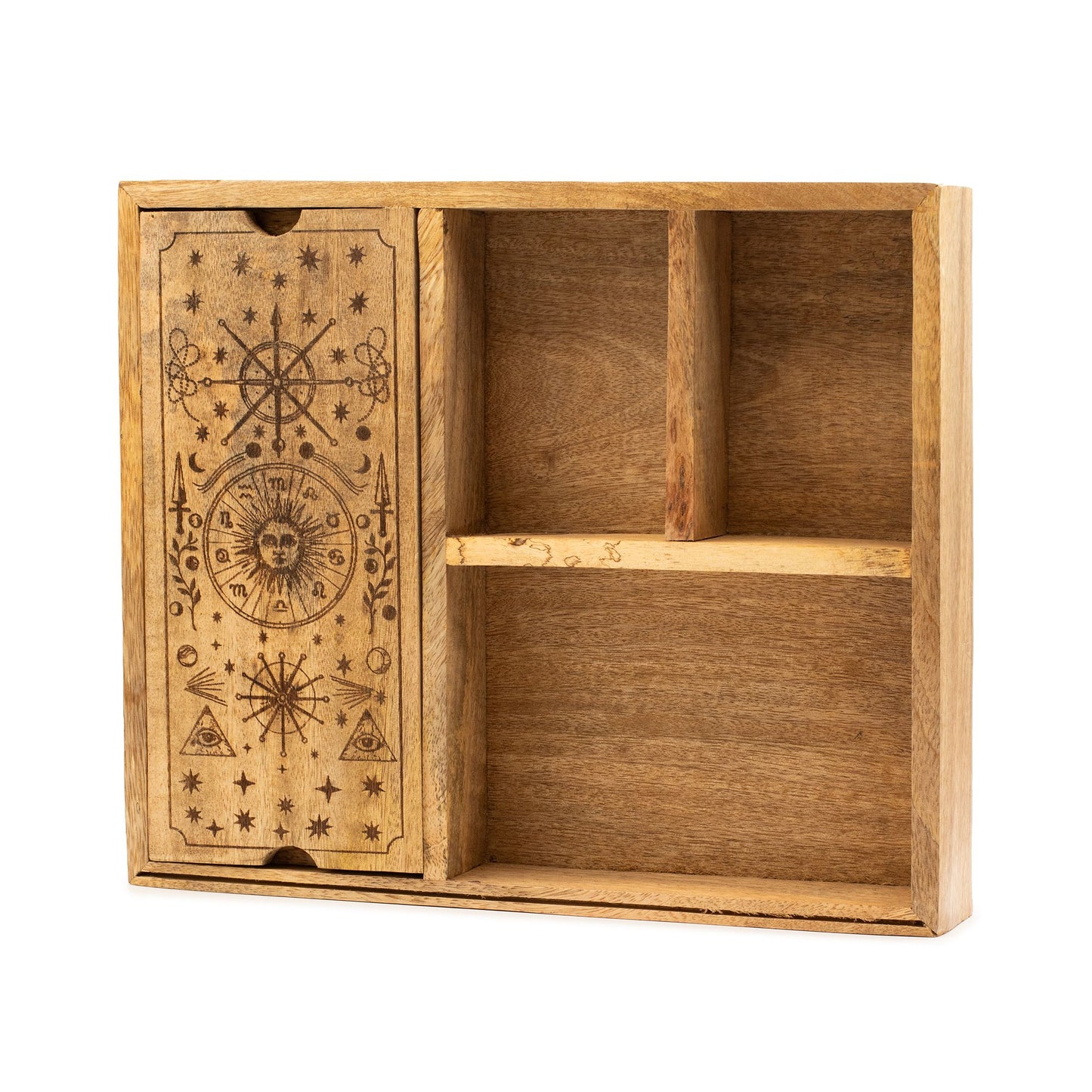 Wide spirit-etched tarot box with upright card display and large storage space. Ideal for multiple decks, crystals, and ritual organisation.