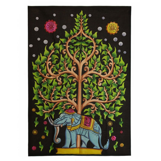 Bring strength, wisdom, and grounding energy into your home with this Elephant & Tree of Life Cotton Wall Art, a beautifully detailed tapestry uniting two powerful spiritual symbols. The majestic elephant represents protection, stability, and mindful strength, while the Tree of Life embodies growth, connection, and the eternal cycle of creation.

Handmade in India and sized at 70 x 110 cm, this lightweight cotton hanging is easy to display and perfect for meditation rooms, yoga studios, bedrooms, healing sp