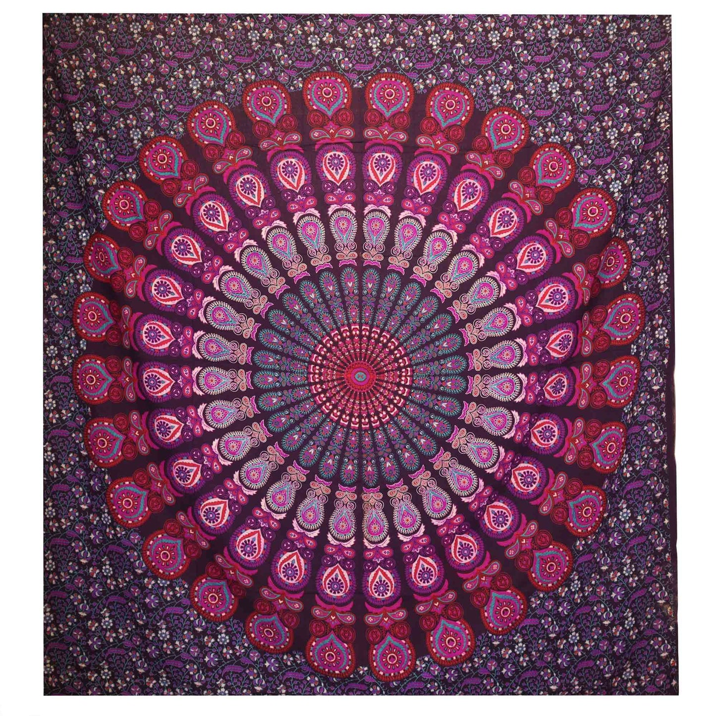 Mystery, magic, and regal vision woven into sacred symmetry...
This Peacock Mandala cotton bedspread in deep purple is a portal to the unseen — a textile that shimmers with spiritual insight and power. The peacock, guardian of the veil and symbol of awakened vision, unfolds its feathers through a hypnotic mandala pattern, calling in wisdom, beauty, and third-eye clarity.

Handmade in India from soft, 100% cotton, it can be used as a wall hanging, altar cloth, or bed throw. The rich purple tone resonates wit