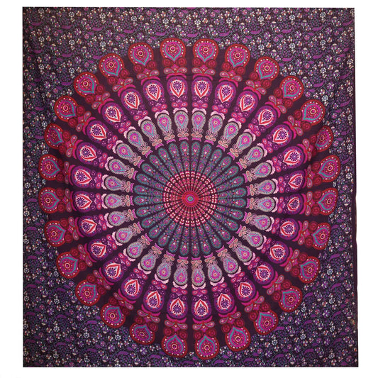 Mystery, magic, and regal vision woven into sacred symmetry...
This Peacock Mandala cotton bedspread in deep purple is a portal to the unseen — a textile that shimmers with spiritual insight and power. The peacock, guardian of the veil and symbol of awakened vision, unfolds its feathers through a hypnotic mandala pattern, calling in wisdom, beauty, and third-eye clarity.

Handmade in India from soft, 100% cotton, it can be used as a wall hanging, altar cloth, or bed throw. The rich purple tone resonates wit