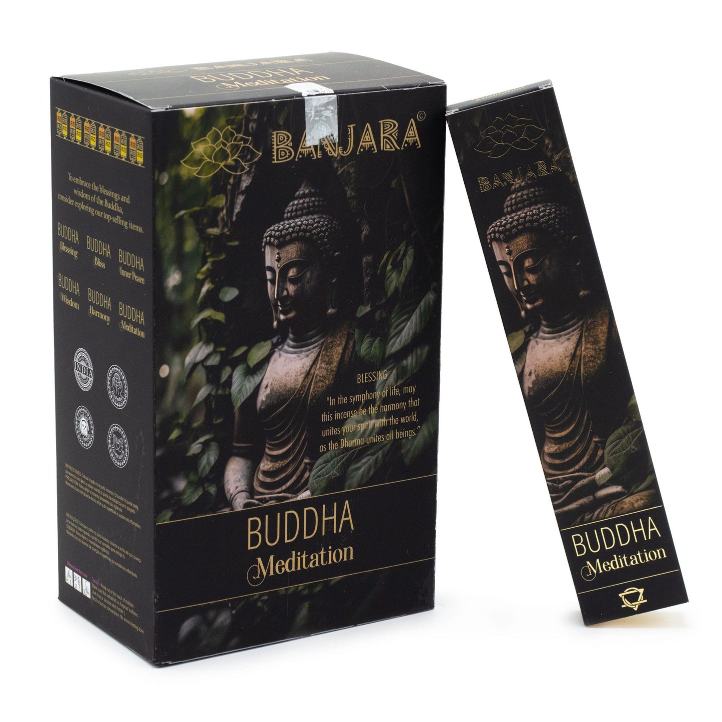 Handcrafted in India, Banjara Buddha – Meditation Incense offers a serene, grounding herbal fragrance created to deepen concentration and guide the mind into stillness. Each pack contains around 12 natural incense sticks, releasing a steady, calming aroma ideal for slipping into quiet contemplation or enhancing daily spiritual practice.

This focused herbal blend is perfect for meditation, pranayama, yoga, journaling, ritual work, or simply cultivating a peaceful energy within your home. Its gentle scent en
