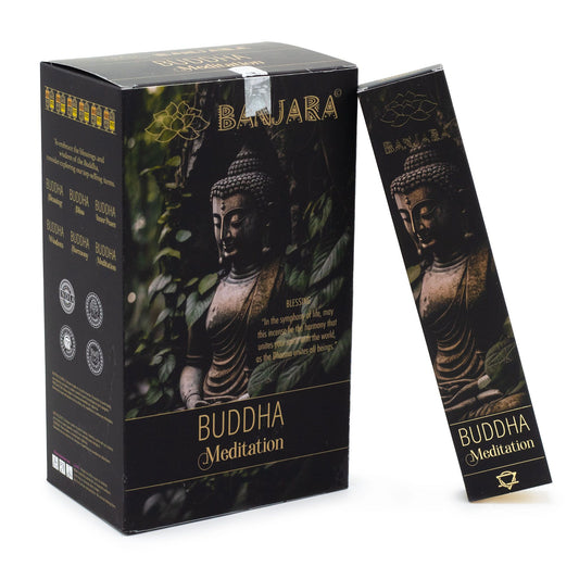 Handcrafted in India, Banjara Buddha – Meditation Incense offers a serene, grounding herbal fragrance created to deepen concentration and guide the mind into stillness. Each pack contains around 12 natural incense sticks, releasing a steady, calming aroma ideal for slipping into quiet contemplation or enhancing daily spiritual practice.

This focused herbal blend is perfect for meditation, pranayama, yoga, journaling, ritual work, or simply cultivating a peaceful energy within your home. Its gentle scent en