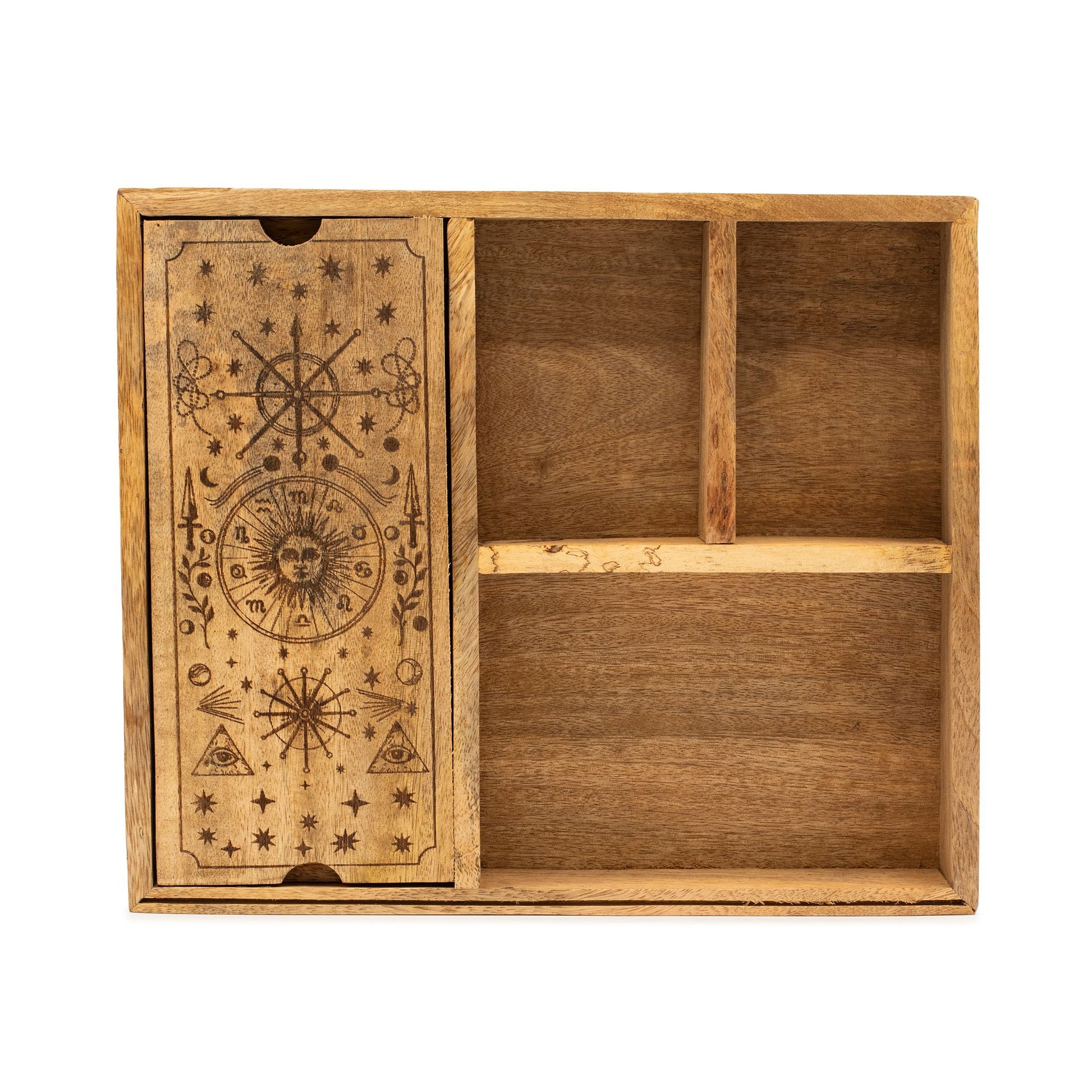 Wide spirit-etched tarot box with upright card display and large storage space. Ideal for multiple decks, crystals, and ritual organisation.