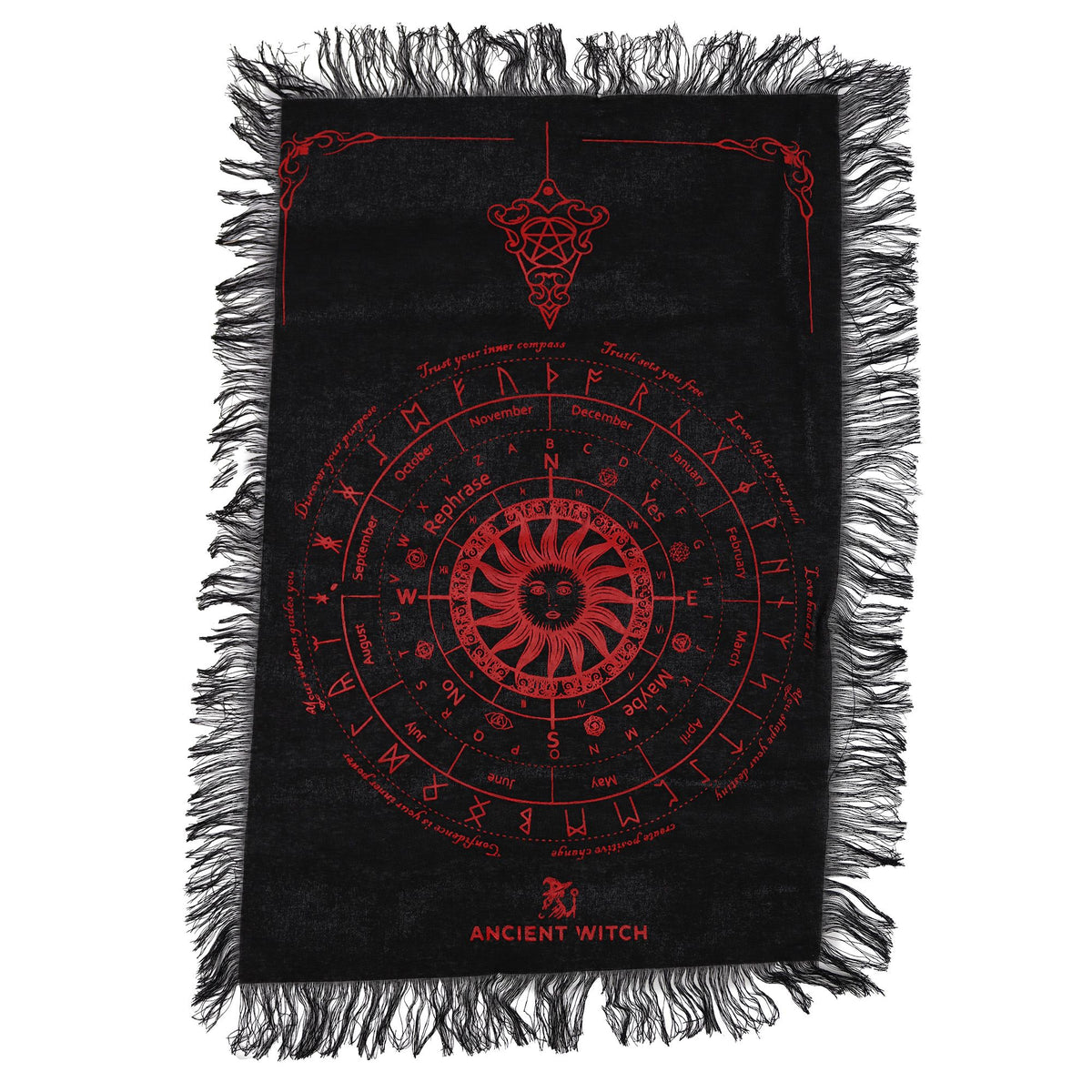 Ancient Witch Pendulum Divination Cloth - Sun Face - Black & Blood Red